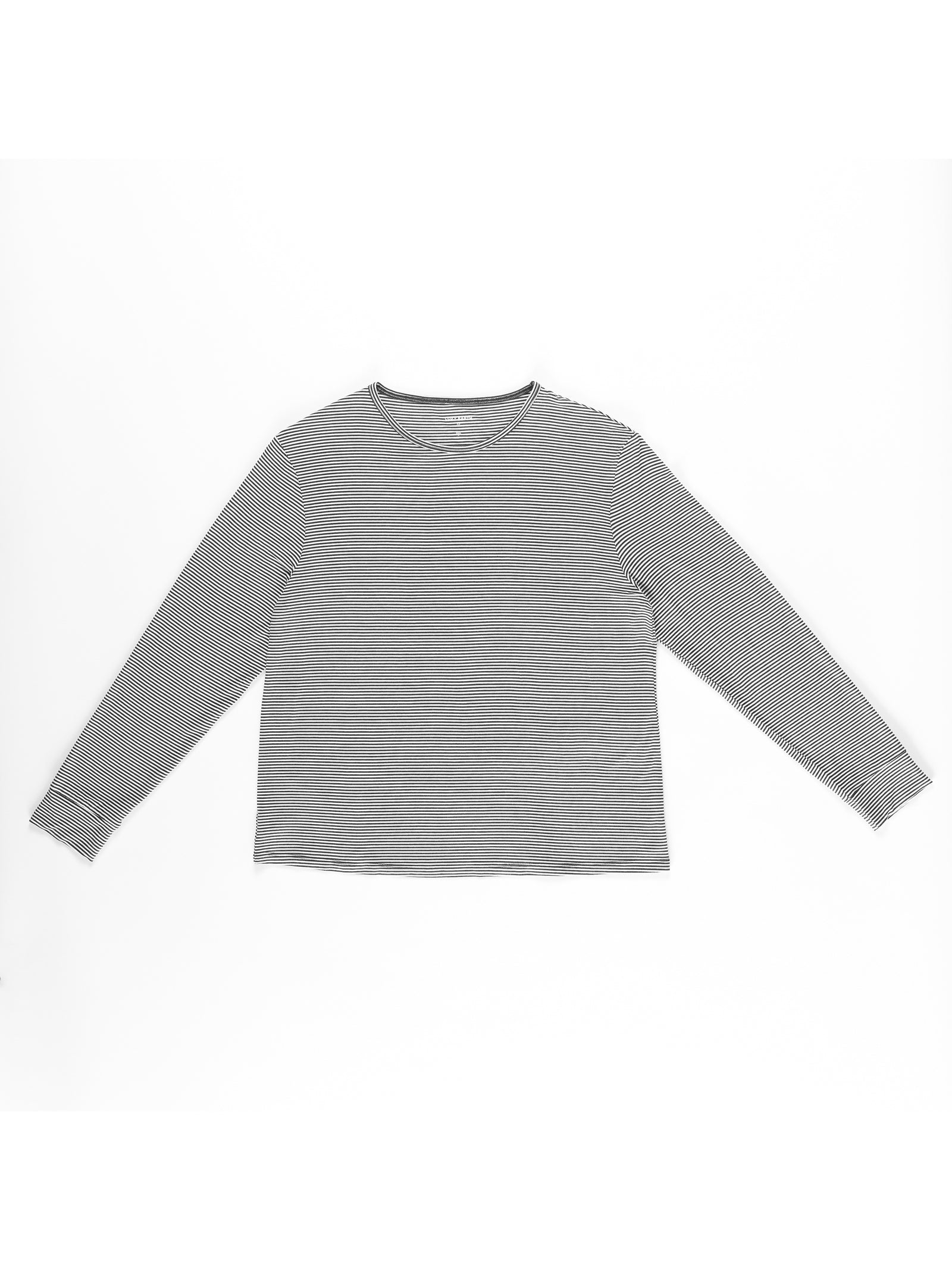 The Women's Bamboo Stretch-Knit Long Sleeve Lounge Tee by Cozy Earth features a round neckline, consistent horizontal grey and white stripes, and is displayed laid flat on a white background. 