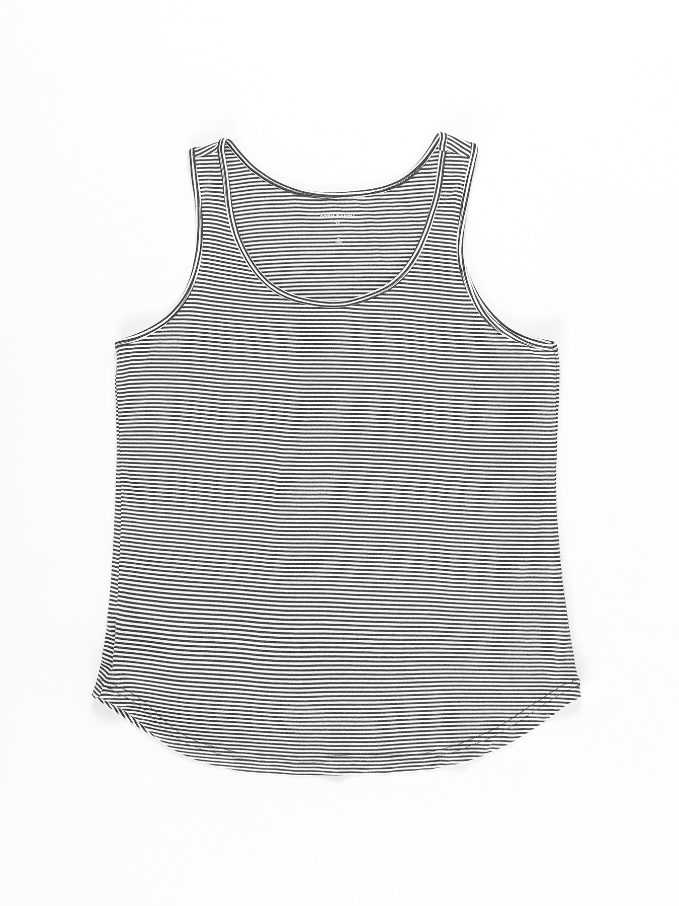 The Women's Bamboo Stretch-Knit Lounge Tank by Cozy Earth is laid flat against a white background, showcasing its black and white horizontal stripes, scoop neckline, and curved hemline. 