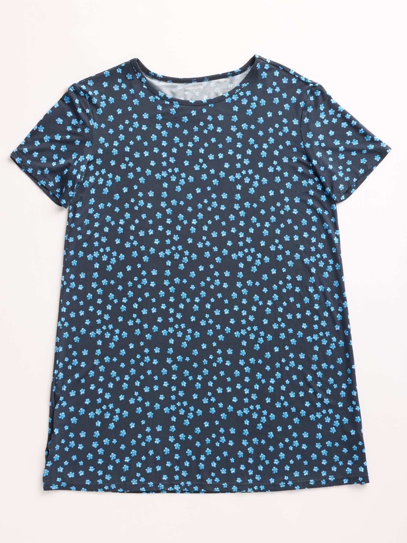 The Cozy Earth Women's Bamboo Stretch-Knit Sleep Dress, featuring a pattern of small blue flowers on black fabric, is displayed flat on a white background. 