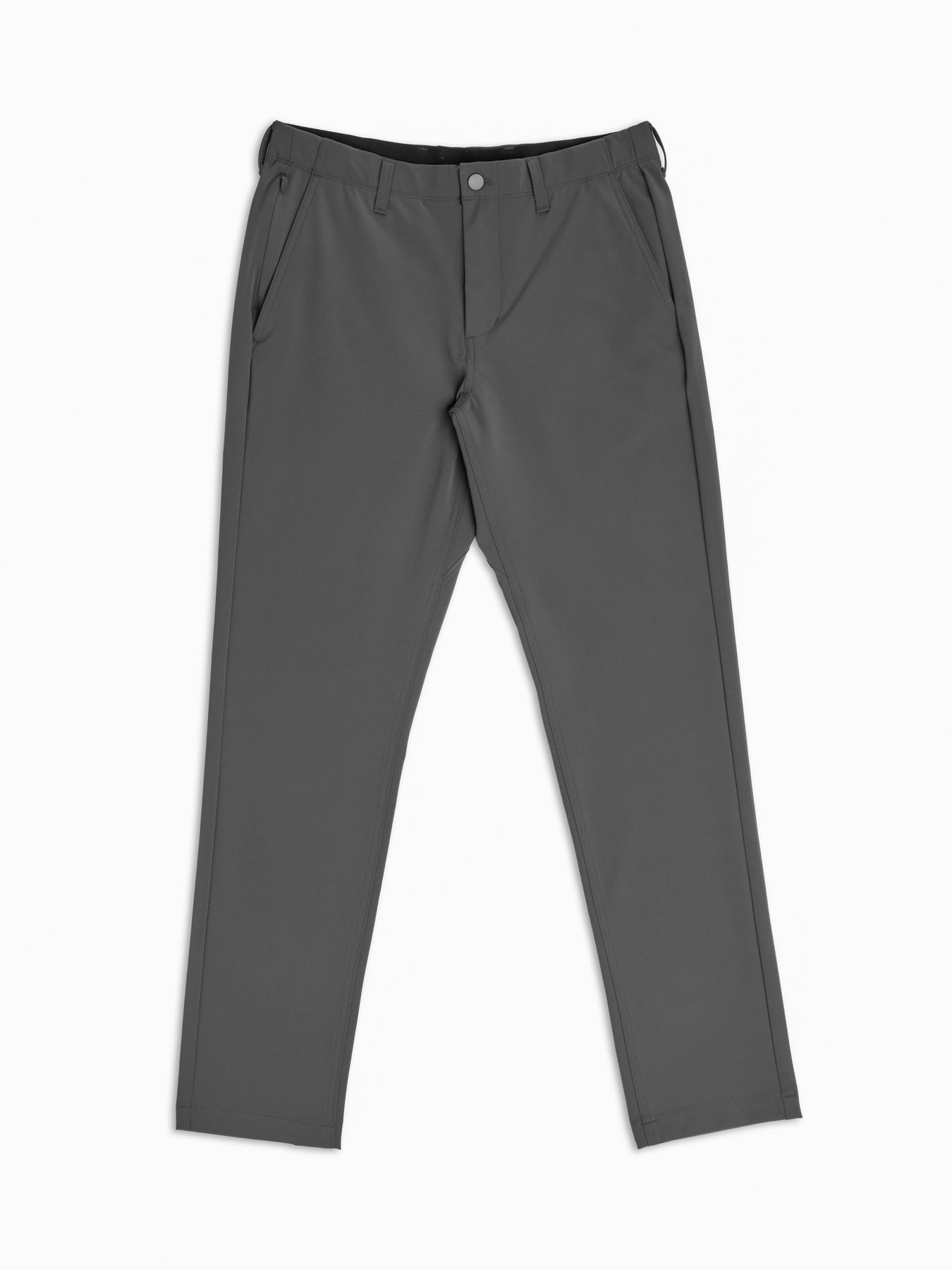 The Men's Everywhere Pant by Cozy Earth is shown on a white background, featuring a straight-leg design with belt loops, a button closure, and side pockets in gray. 