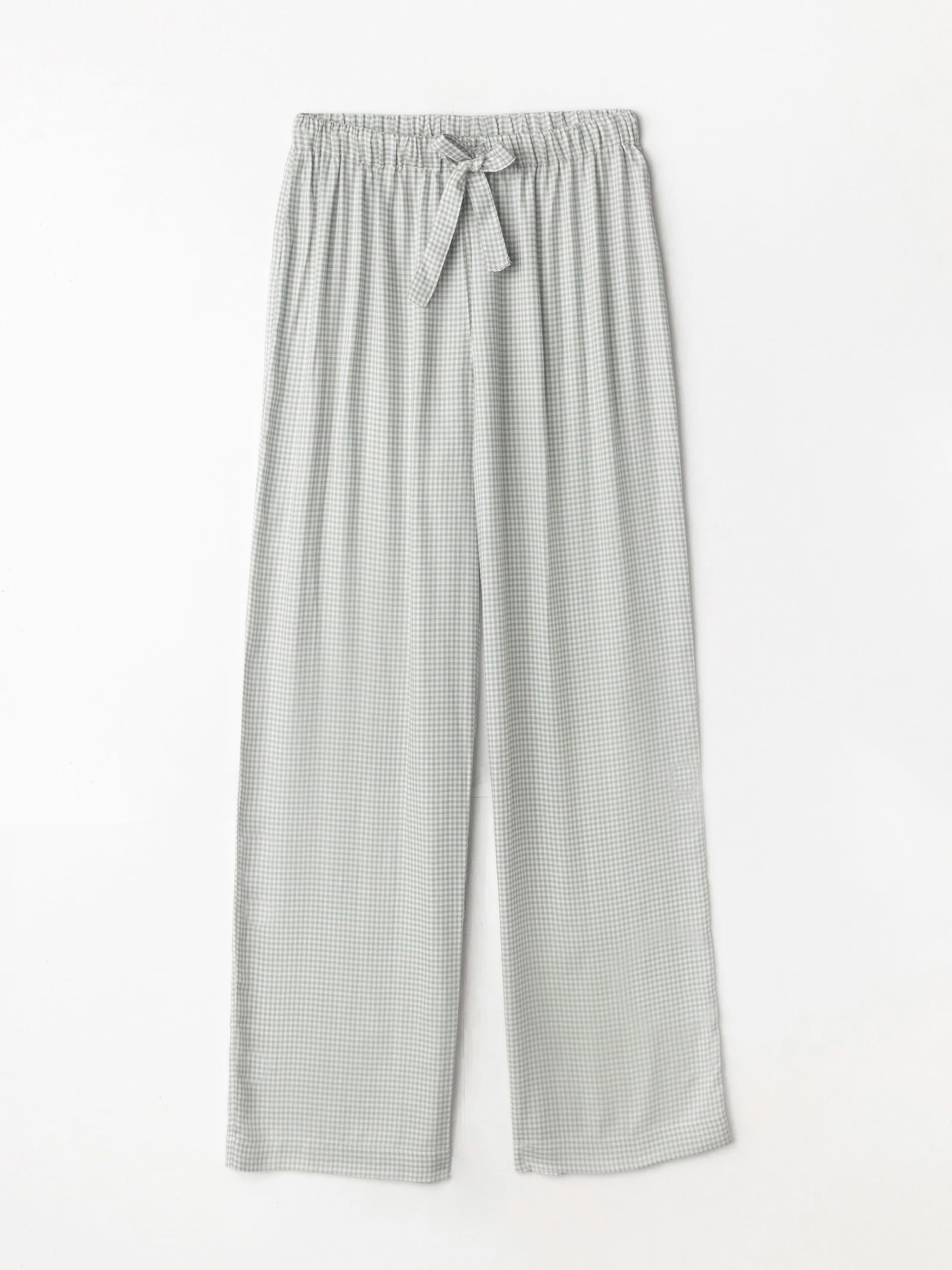 Flat lay of haze mini gingham pajama pants with white background 