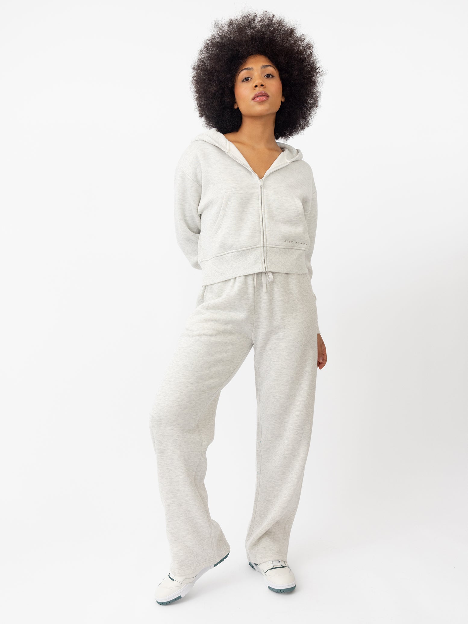 Woman wearing Heather Grey CityScape Wide Leg Pant with white background 