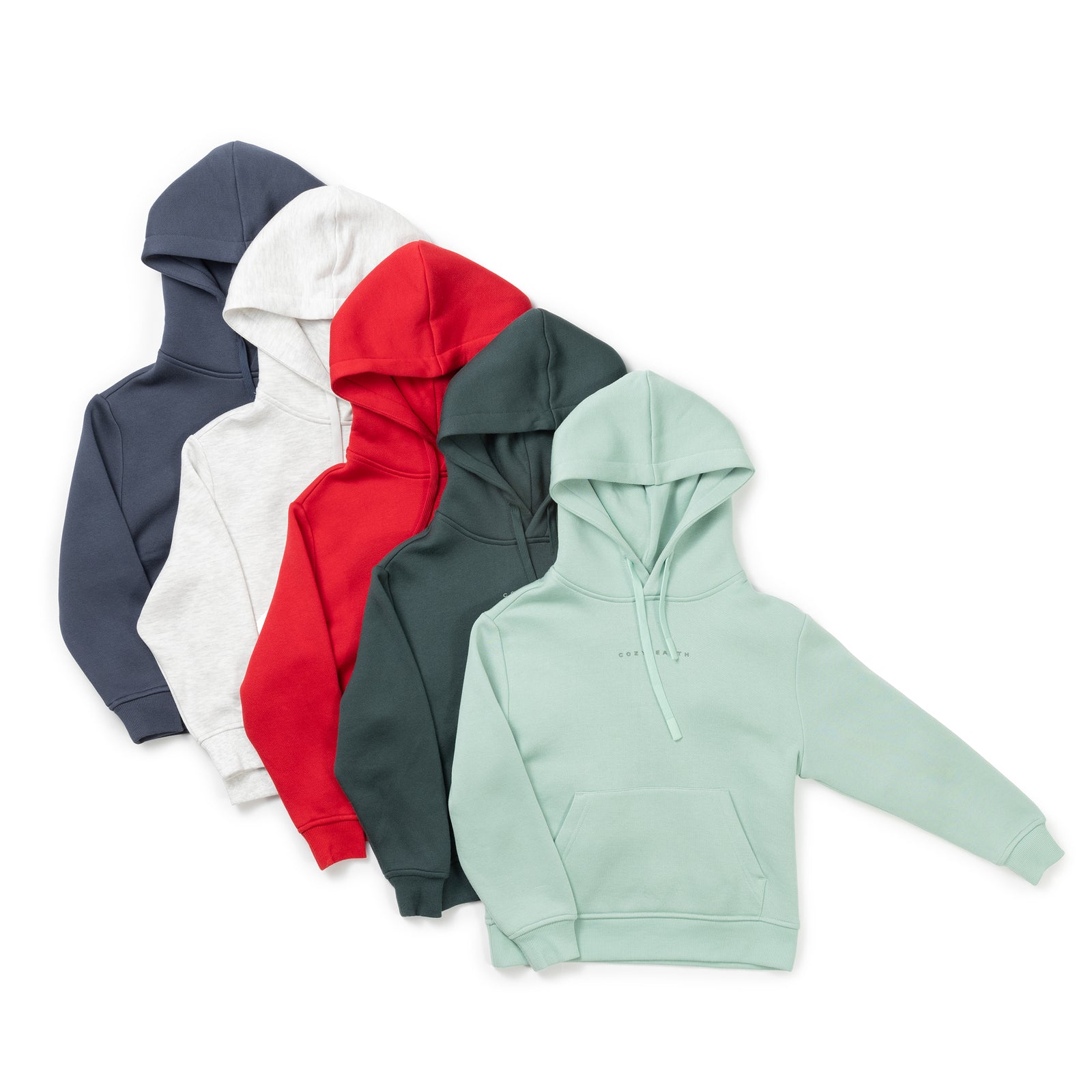 The Kid's CityScape Hoodies by Cozy Earth, featuring drawstrings and front pockets, are displayed in five colors from left to right: dark blue, light gray, red, dark green, and light mint. 