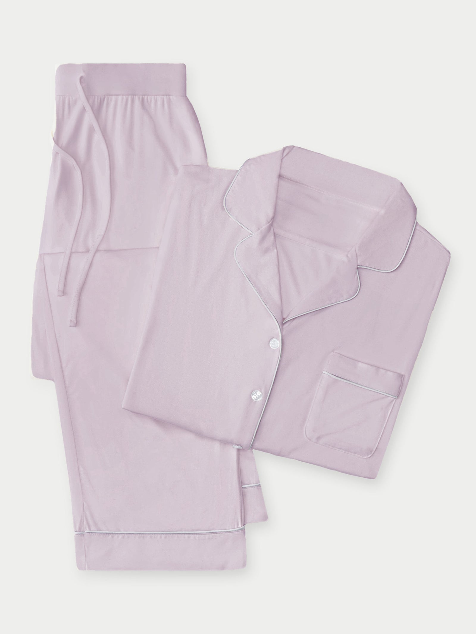 Lilac Long Sleeve Pajama Set. The photo was taken close up, showing off the print of the pajamas. 