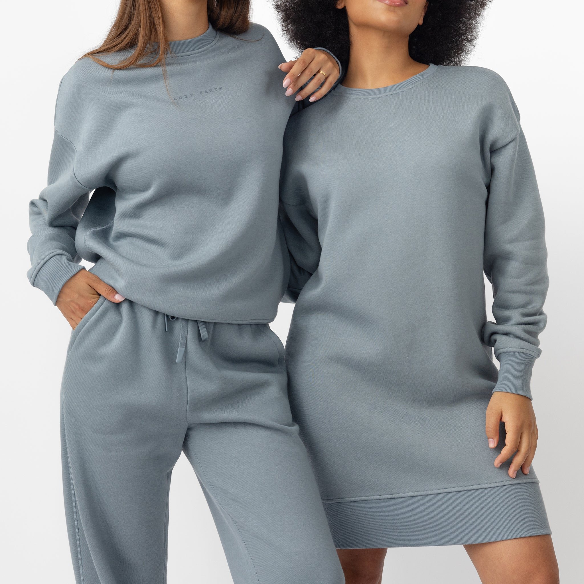 Women wearing Smokey Blue CityScape Crewneck Dress with white background 