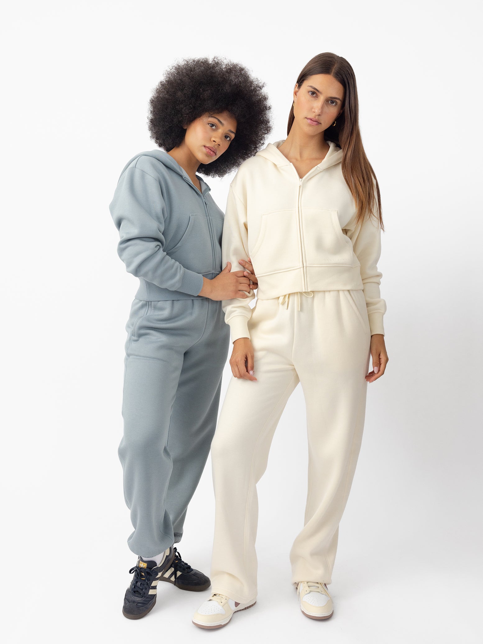 Women wearing Smokey Blue and Alabaster CityScape Sweat Pant with white background 
