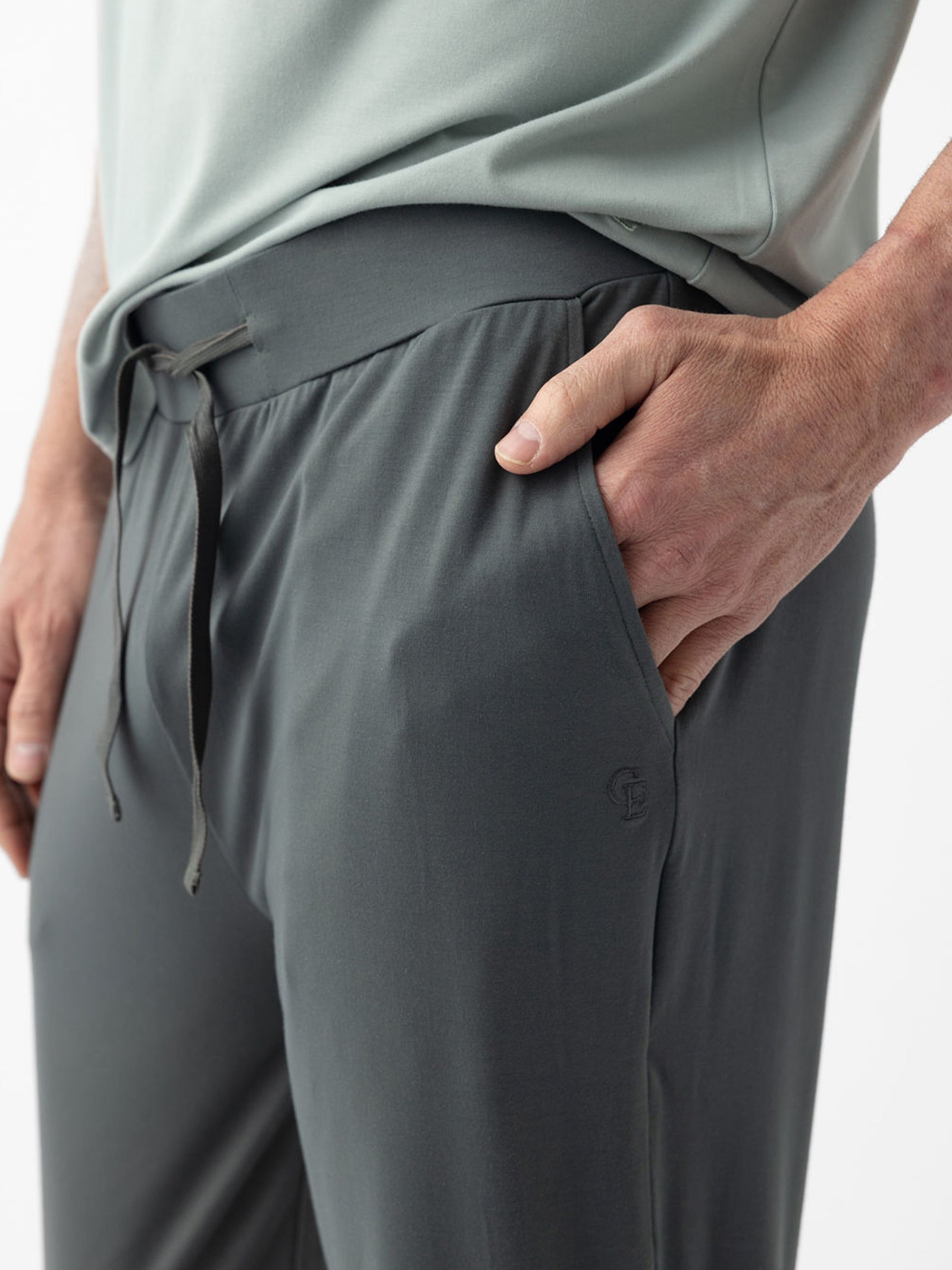 Closeup of waste and pocket of men's storm pajama pants 