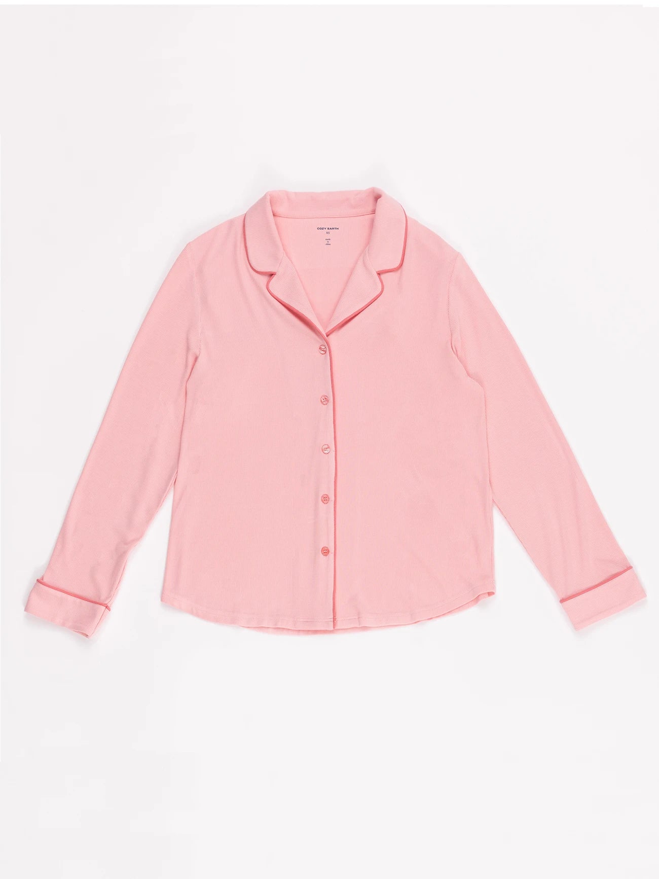 A light pink pajama top from Cozy Earth's Rib-Knit Classic Long Sleeve Pajama Set features a collar, long sleeves, and pink piping on the collar, cuffs, and button placket. The shirt is laid flat against a plain white background. 