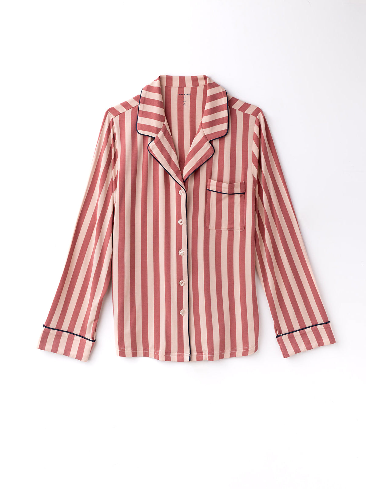 Flat lay of long sleeve blush stripe pajama top 