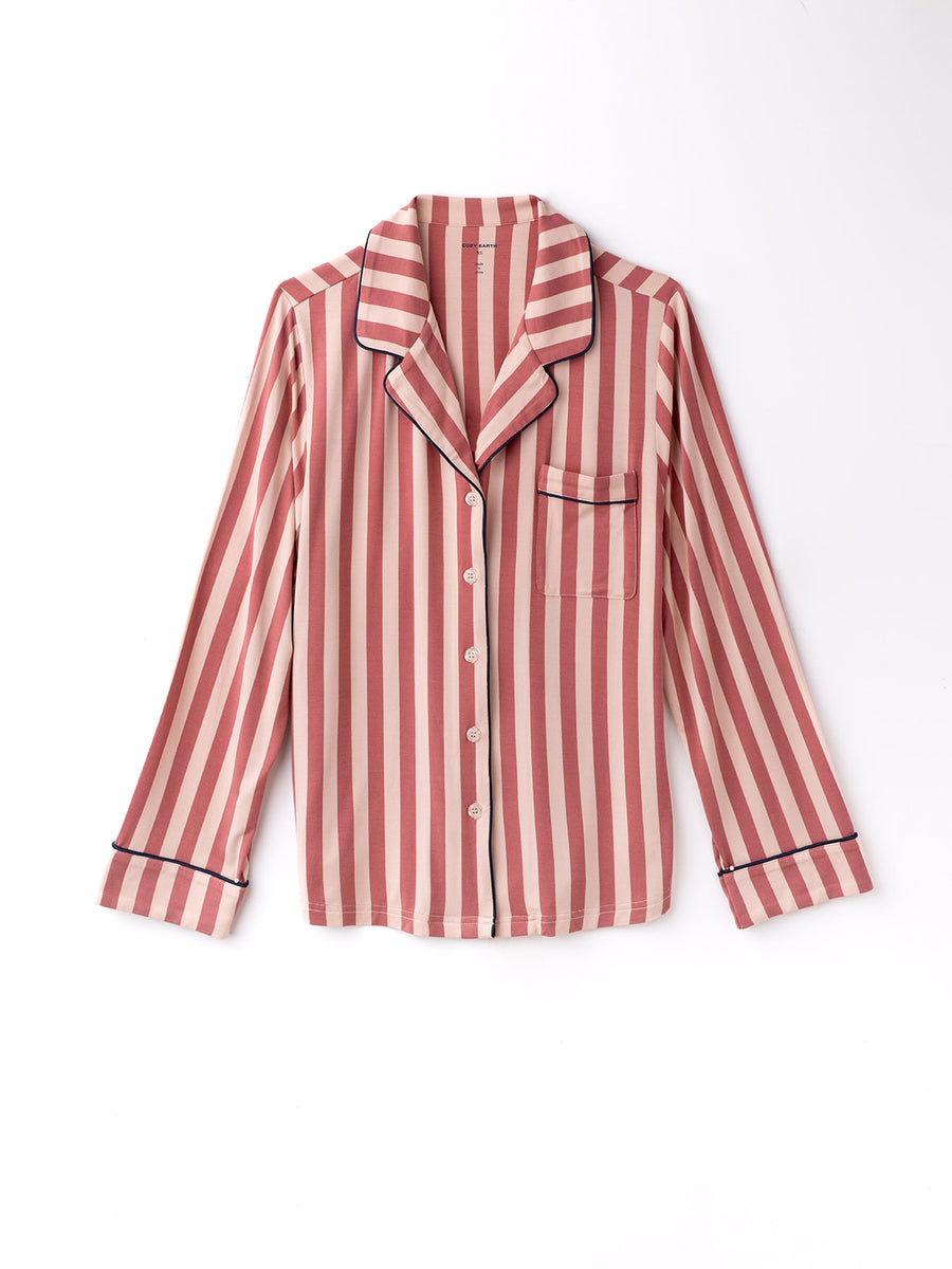 Flat lay of long sleeve blush stripe pajama top |Color:Blush Stripe