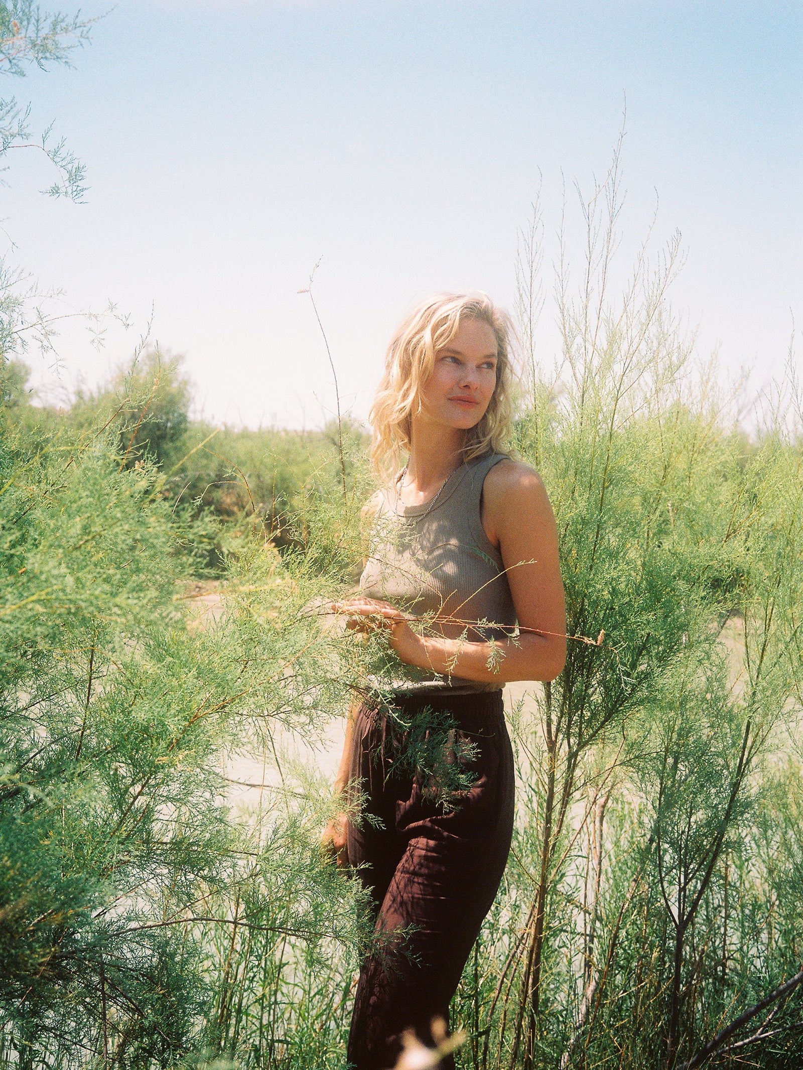 A person with shoulder-length blonde hair stands amidst tall, green, wispy plants. They are wearing a gray sleeveless top and the Women's Sunset Cropped Pant by Cozy Earth, gazing to the side. A bright, clear sky and lush greenery are visible in the background. 