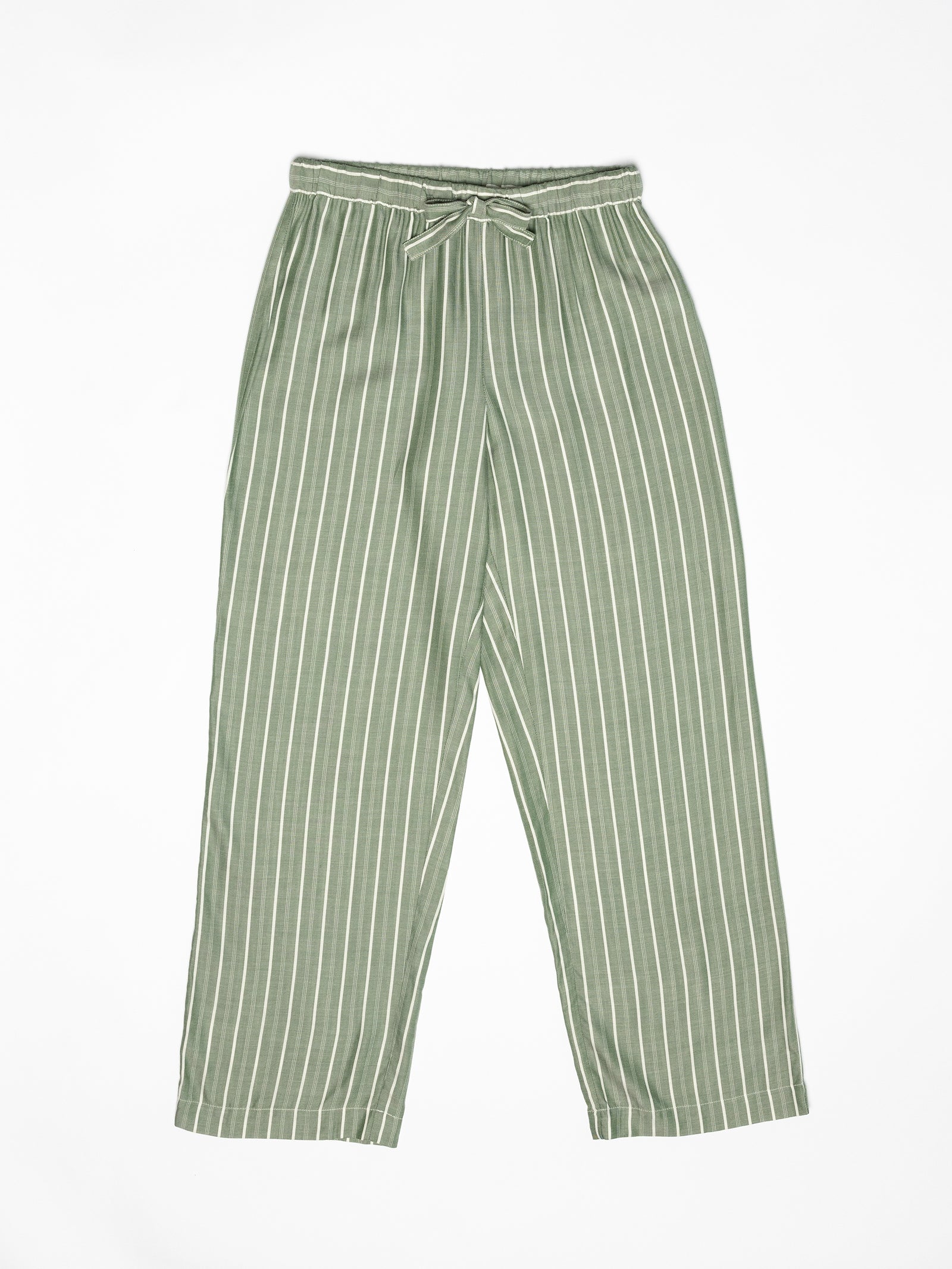 The Cozy Earth Women's Soft Woven Pajama Pant, featuring green and white vertical stripes and a loose-fitting design with a drawstring waist, is displayed flat on a white background. 