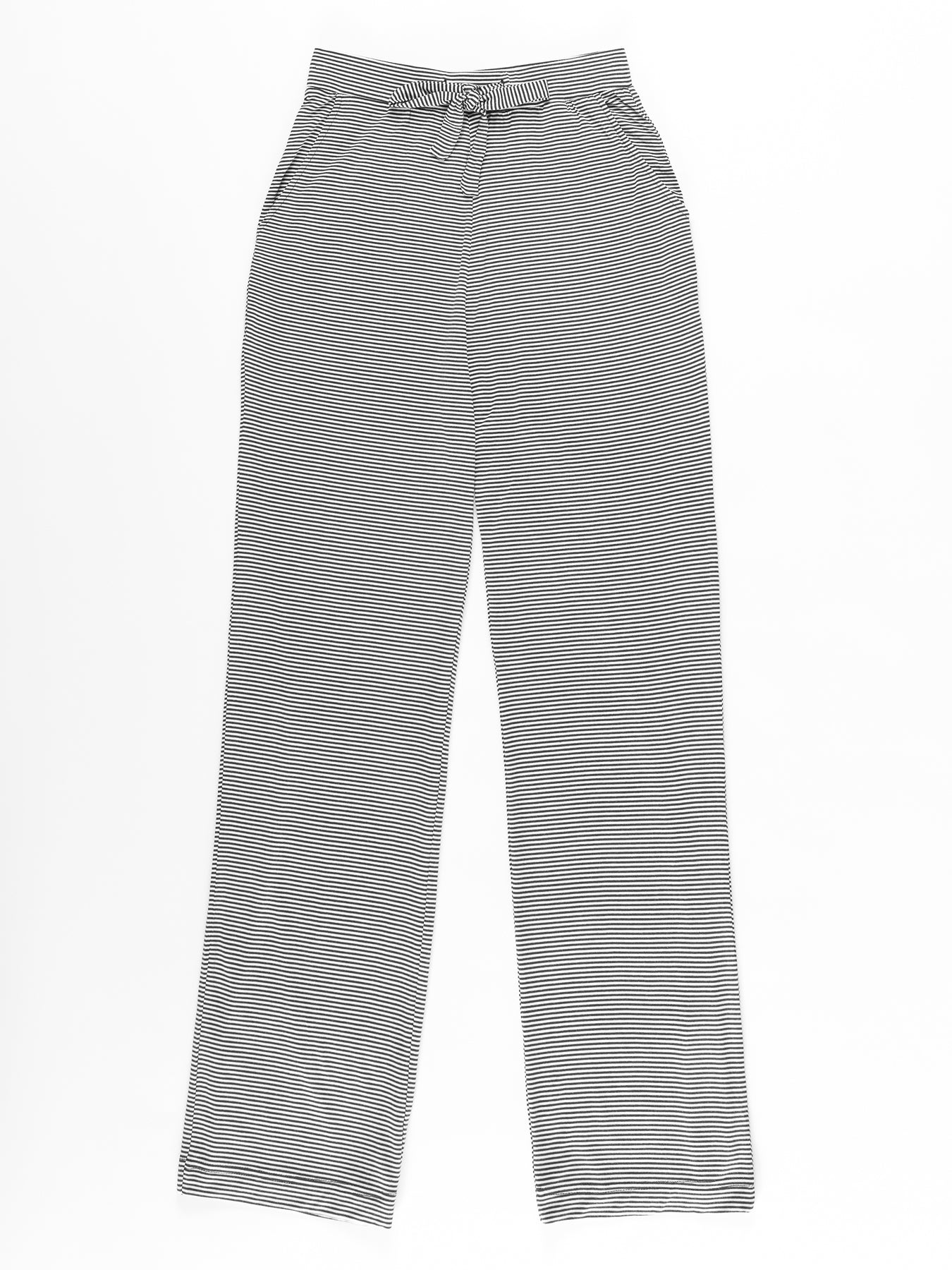 Women's Bamboo Stretch-Knit Pant by Cozy Earth, featuring a gray striped design with a drawstring waist and side pockets, laid flat against a white background. 