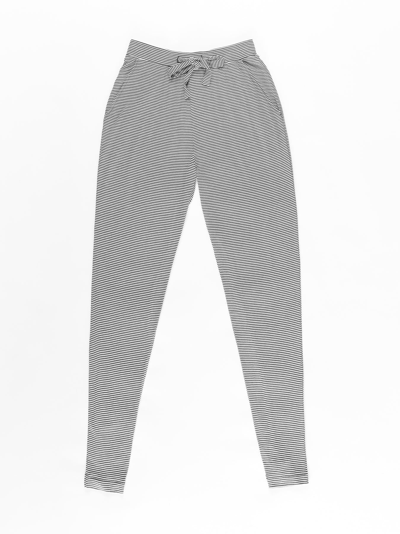 The Women's Bamboo Stretch-Knit Tapered Pant by Cozy Earth, featuring a subtle grey striped pattern, an elastic waistband with a drawstring tie, is laid flat on a white background. 