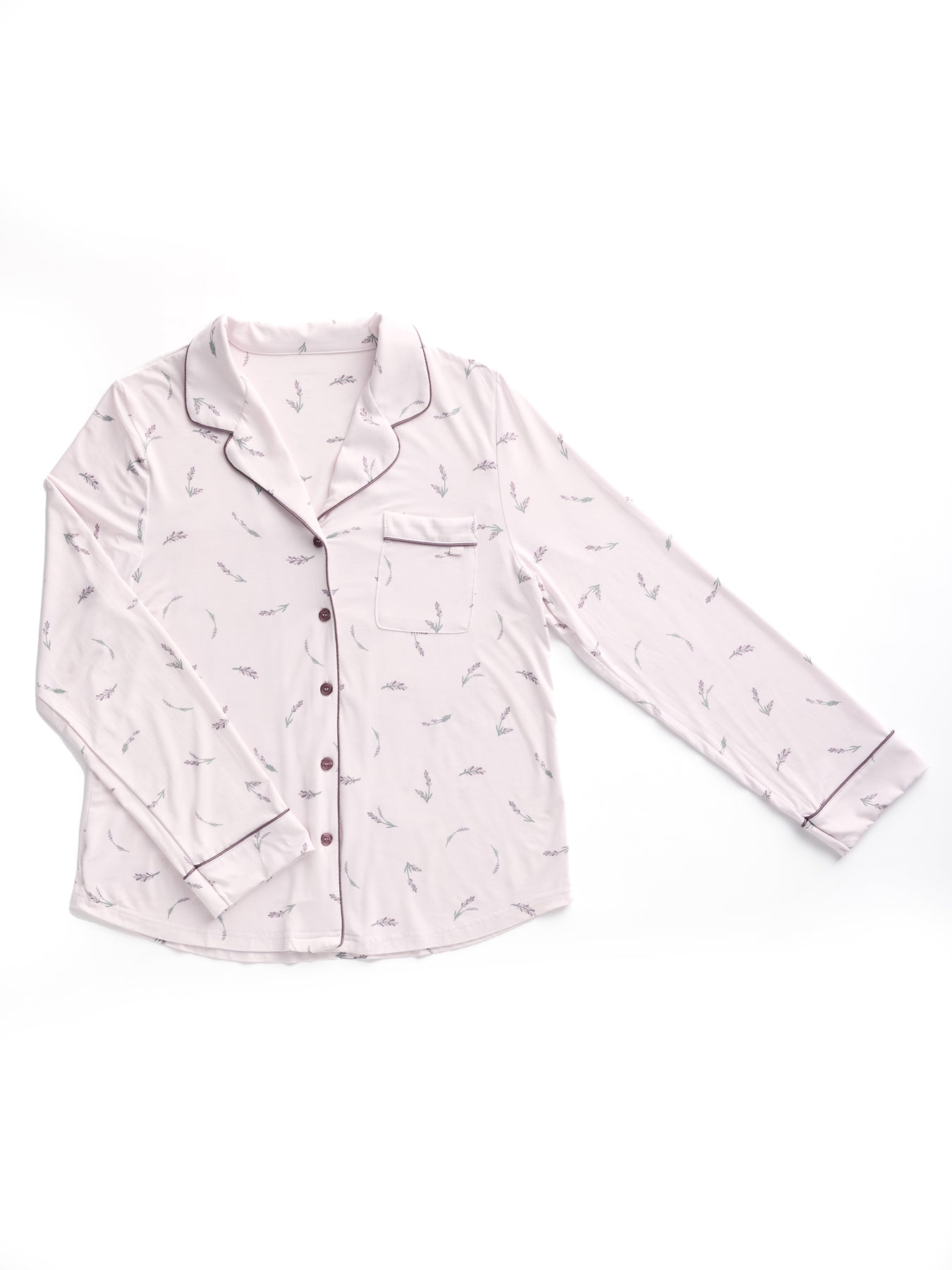 The Women's Bamboo Stretch-Knit Long Sleeve Pajama Top by Cozy Earth features a light pink hue with maroon buttons, a delicate floral pattern, a chest pocket, and a rounded collar—all laid flat against a white background. 