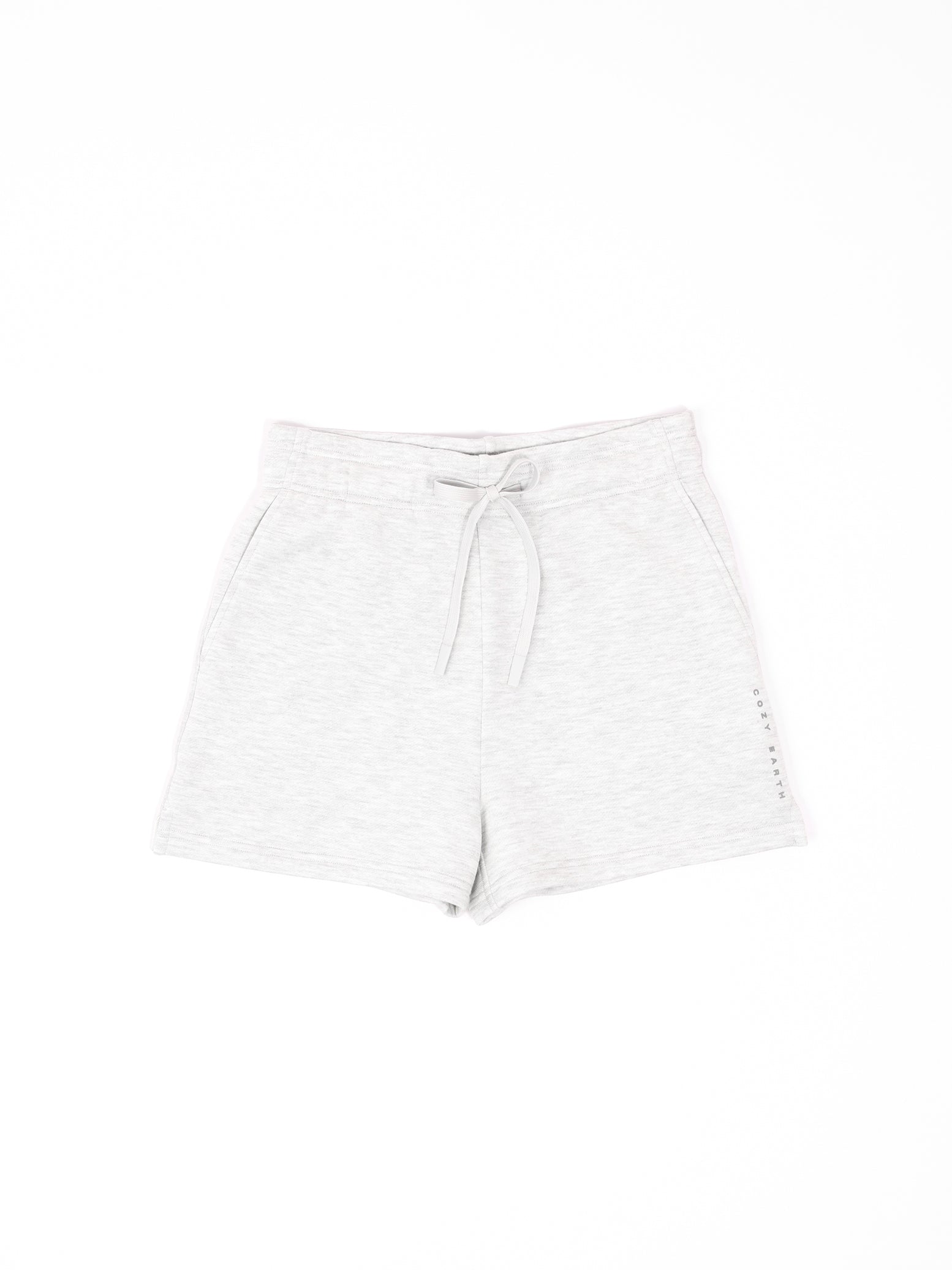 Heather Grey CityScape Shorts. The shorts are laying flat over a background that is white. 