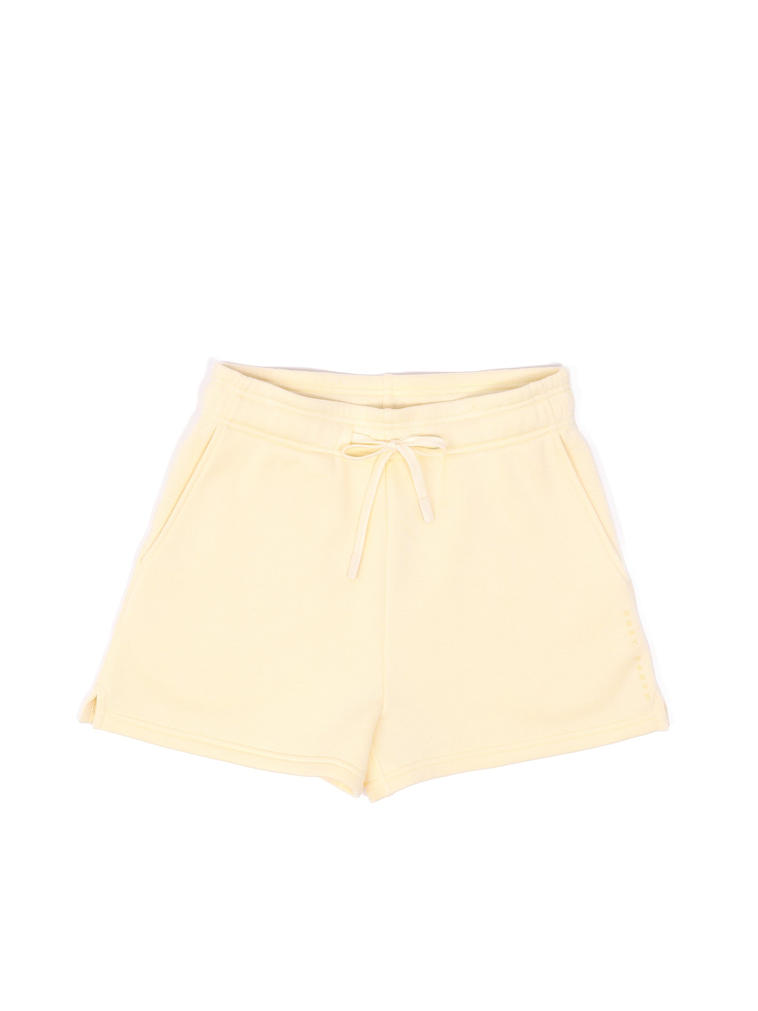Lemonade CityScape Shorts. The shorts are laying flat over a background that is white. 