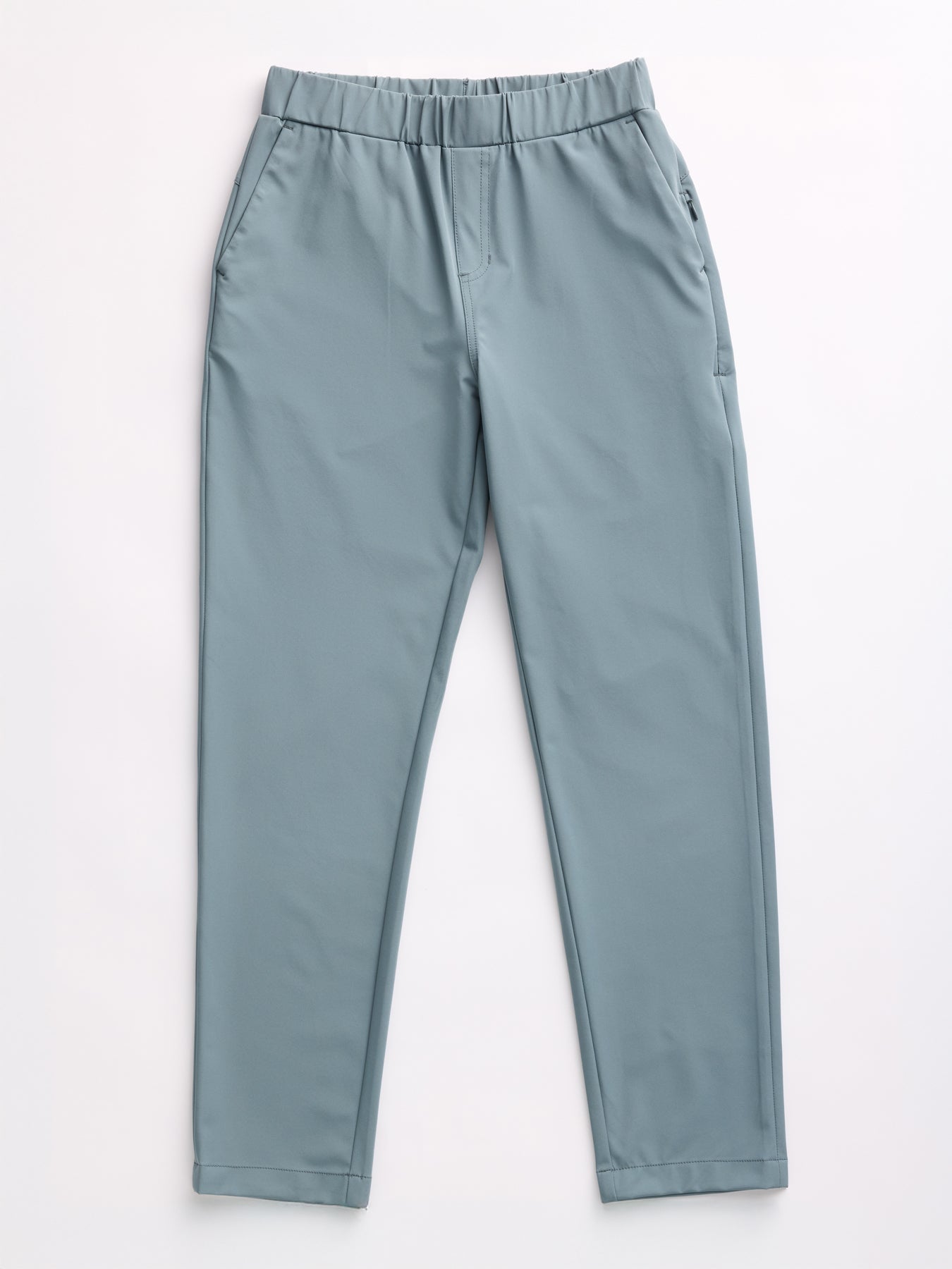 The Women's Always Cropped Pant by Cozy Earth features light blue-gray color, an elastic waistband, and two side pockets, laid flat on a white background. 