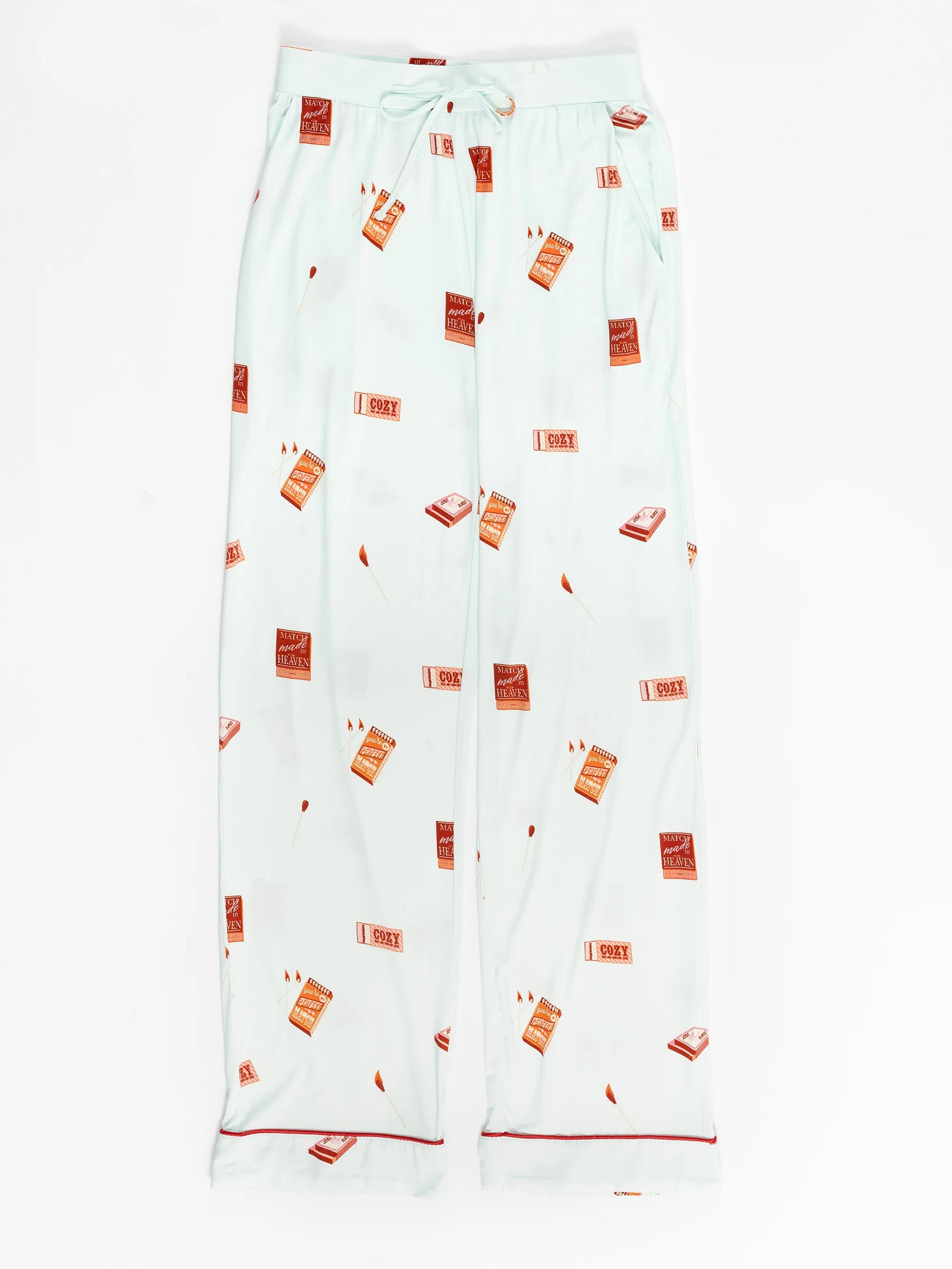 Light blue drawstring pajama pants by Cozy Earth, part of the Women's Stretch-Knit Long Sleeve Bamboo Pajama Set, feature red and brown instant noodle and chopstick designs with red piping at the bottom. 