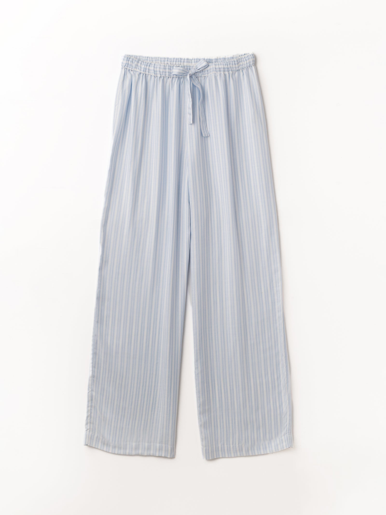 Flat lay of spring blue stripe pajama pants with white background 
