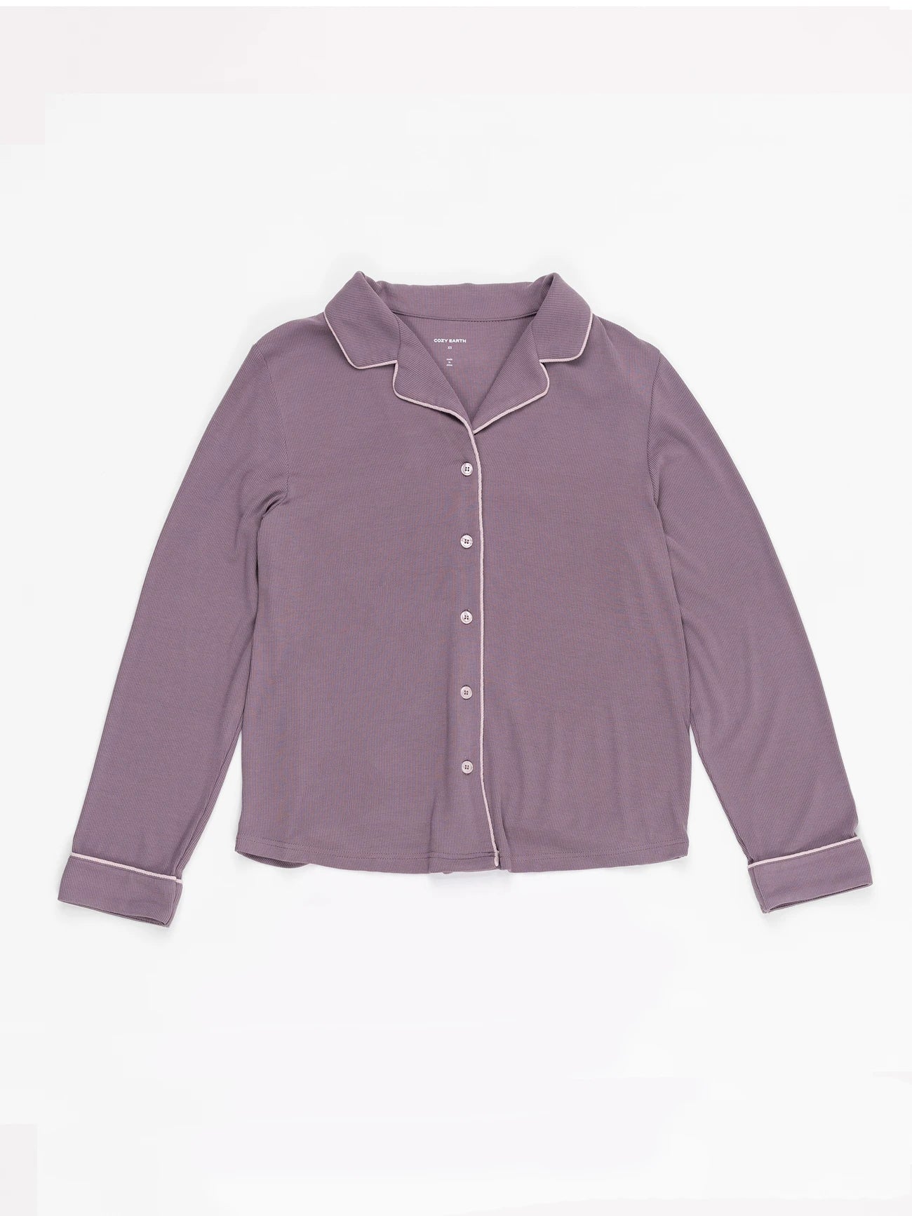 The Rib-Knit Classic Long Sleeve Pajama Set by Cozy Earth features a purple, button-up top with white piping along the collar, cuffs, and button line, set against a white background. 