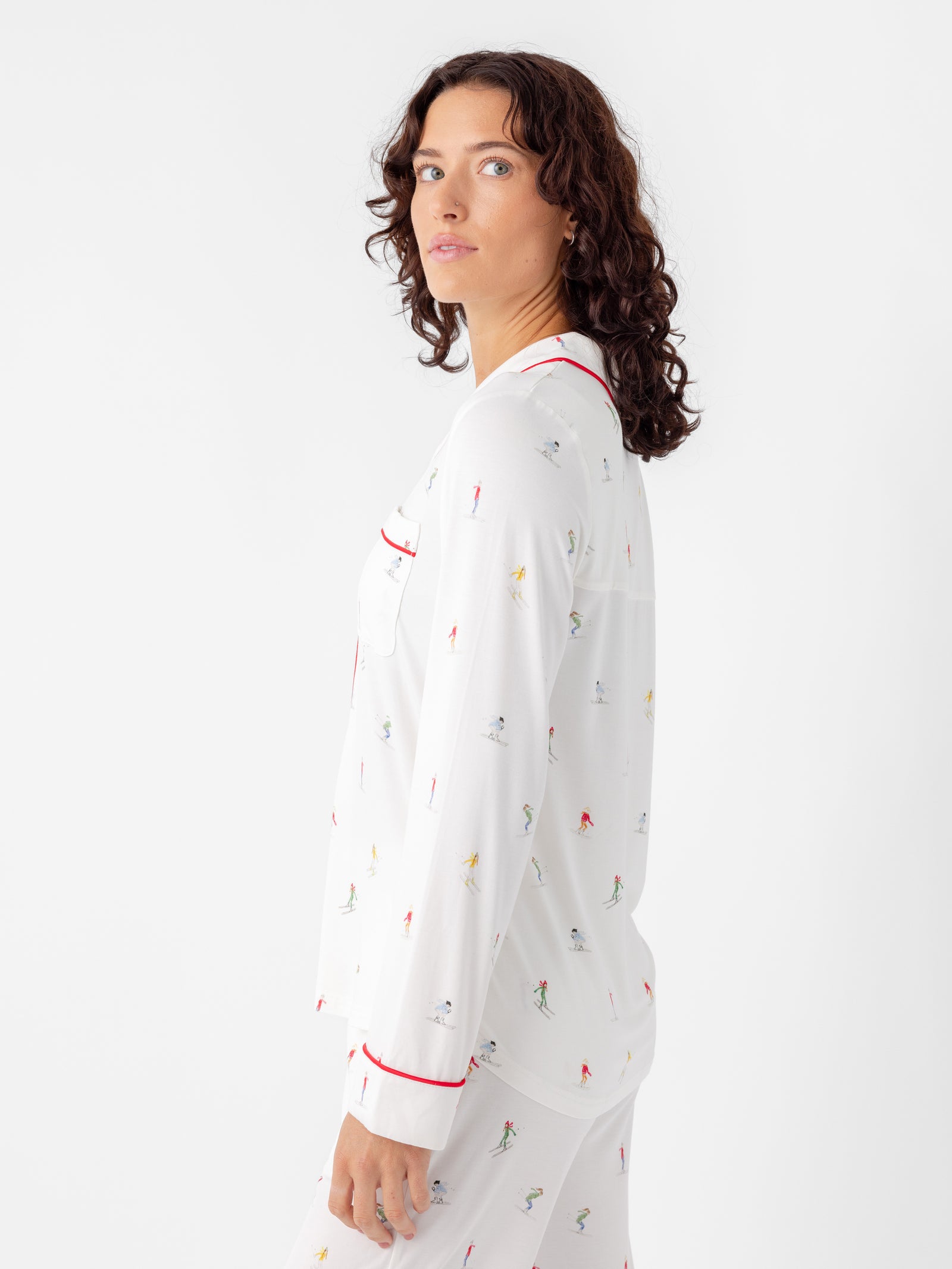 Woman wearing Women's Long Sleeve Bamboo Pajama Top in Stretch-Knit - Ski Ivory 