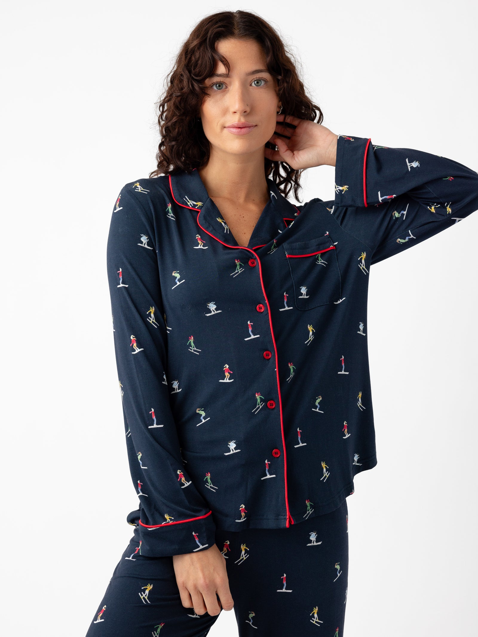 Woman wearing Women's Long Sleeve Bamboo Pajama Top in Stretch-Knit - Ski Navy 