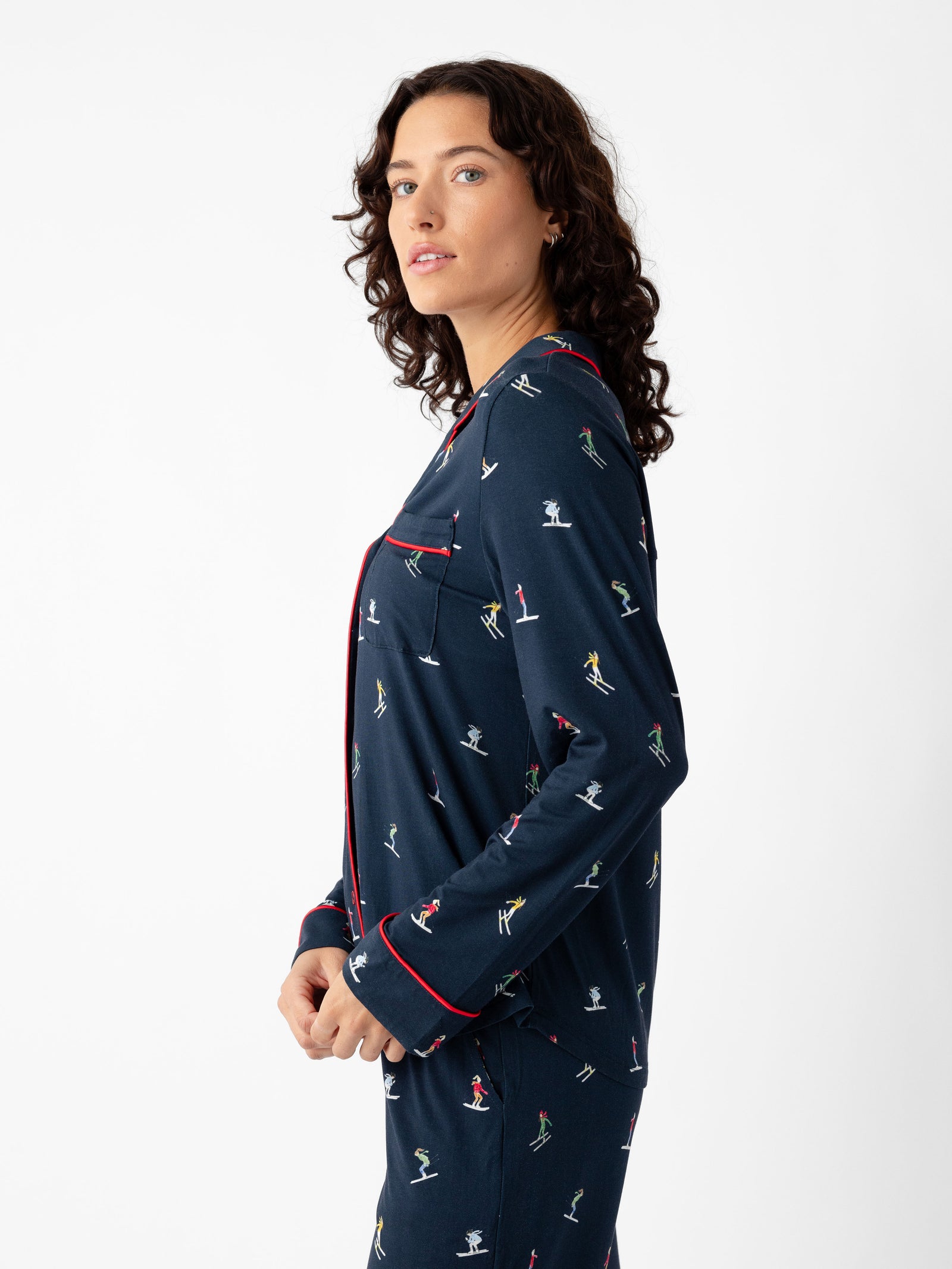 Woman wearing Women's Long Sleeve Bamboo Pajama Top in Stretch-Knit - Ski Navy 