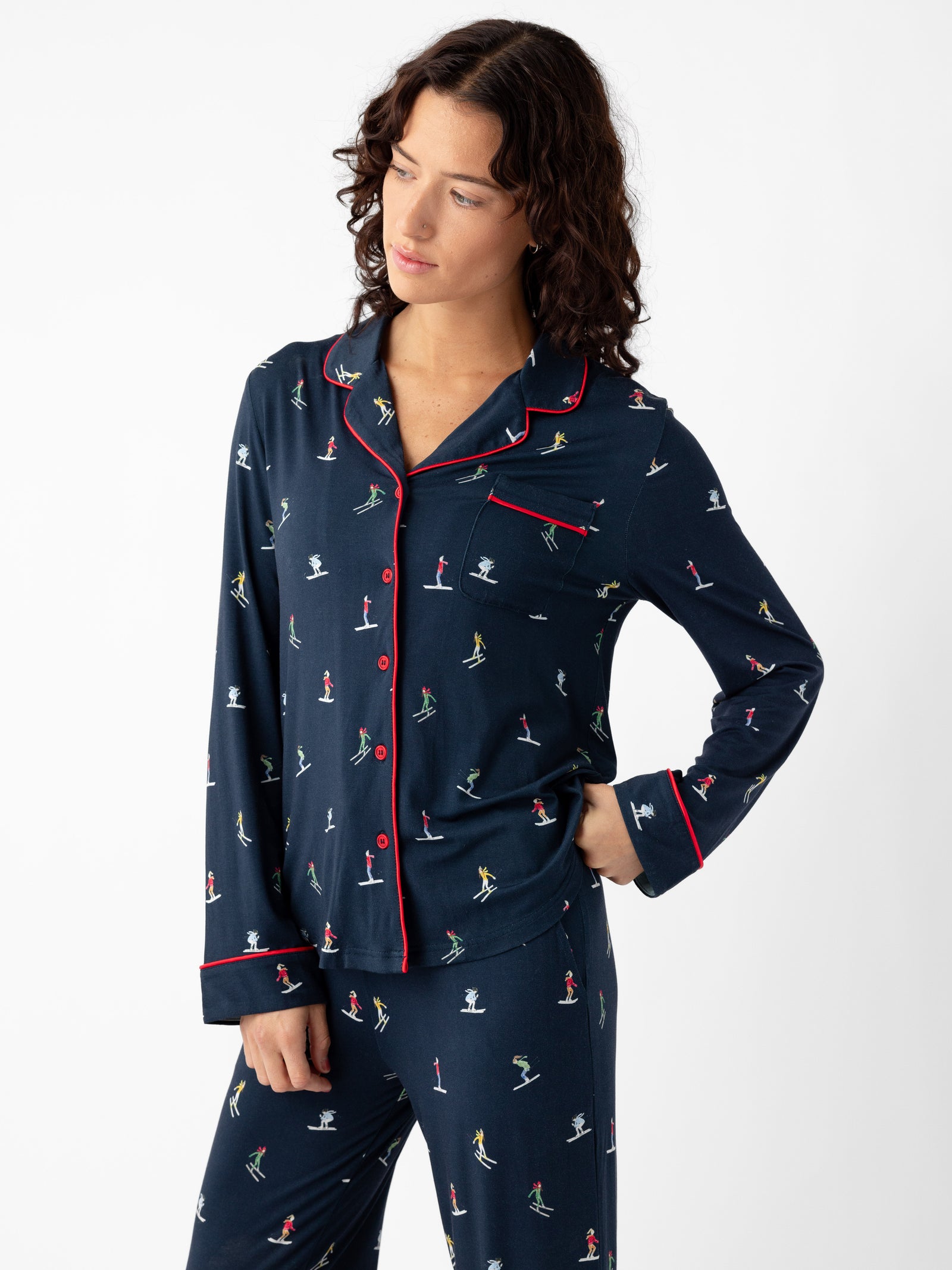 Woman wearing Women's Long Sleeve Bamboo Pajama Top in Stretch-Knit - Ski Navy 