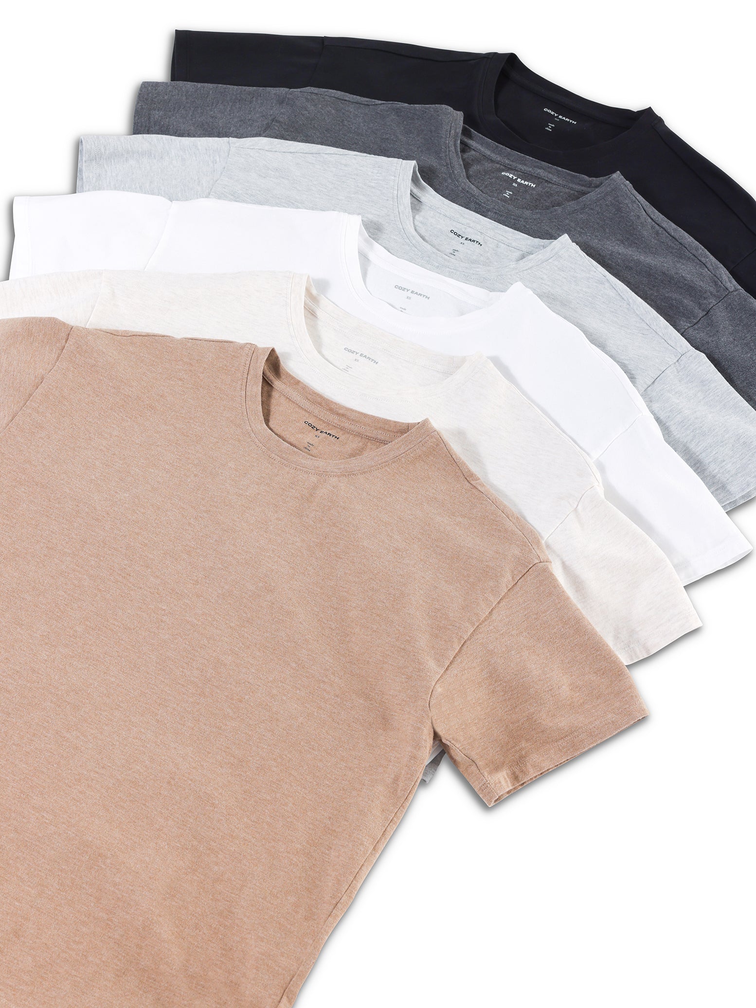 Coal Heather, Alabaster Heather, Beech Heather, White, Jet Black, and French Dove Heather tee shirt flat lays