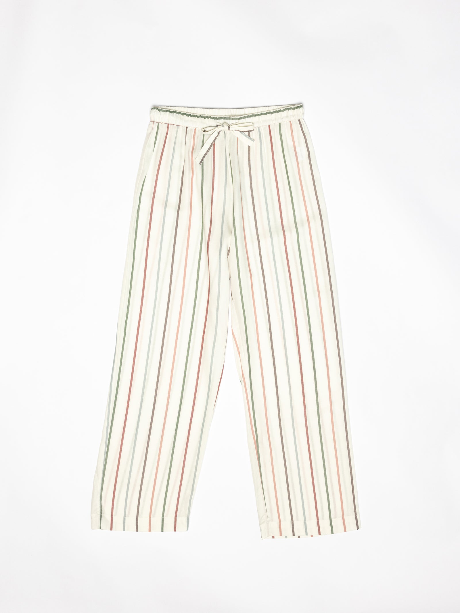 Women's Soft Woven Pajama Pant by Cozy Earth features a light-colored design with vertical stripes in green, red, and beige. It includes an elastic waistband equipped with a drawstring, crafted from soft and comfortable fabric. 