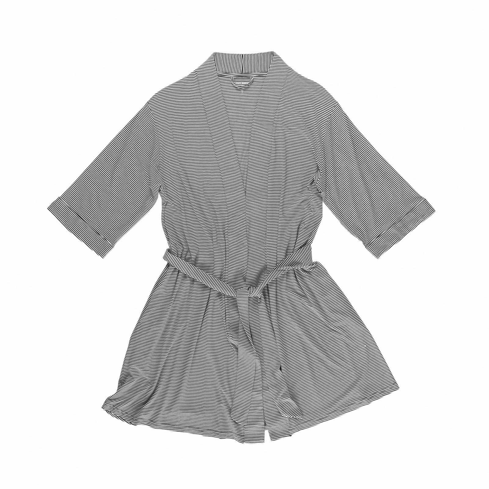 The Women's Bamboo Stretch-Knit Kimono Robe by Cozy Earth is displayed flat on a white background, showcasing its front. The gray, short-sleeved robe features a belt and fine horizontal stripes. 