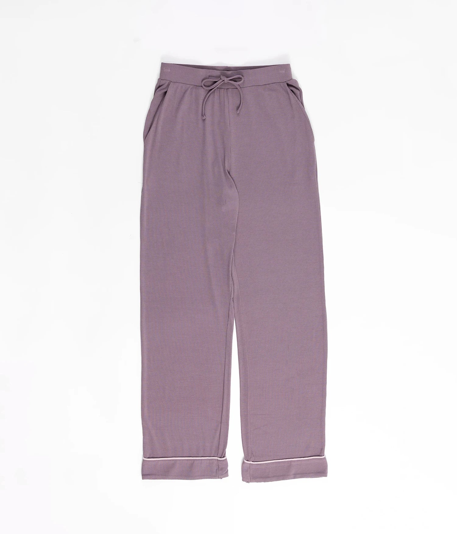 A pair of Cozy Earth's Rib-Knit Classic Long Sleeve Pajama Set pants in Twilight, featuring an elastic waistband, drawstring, front pockets, and folded cuffs, is laid flat against a white background. 