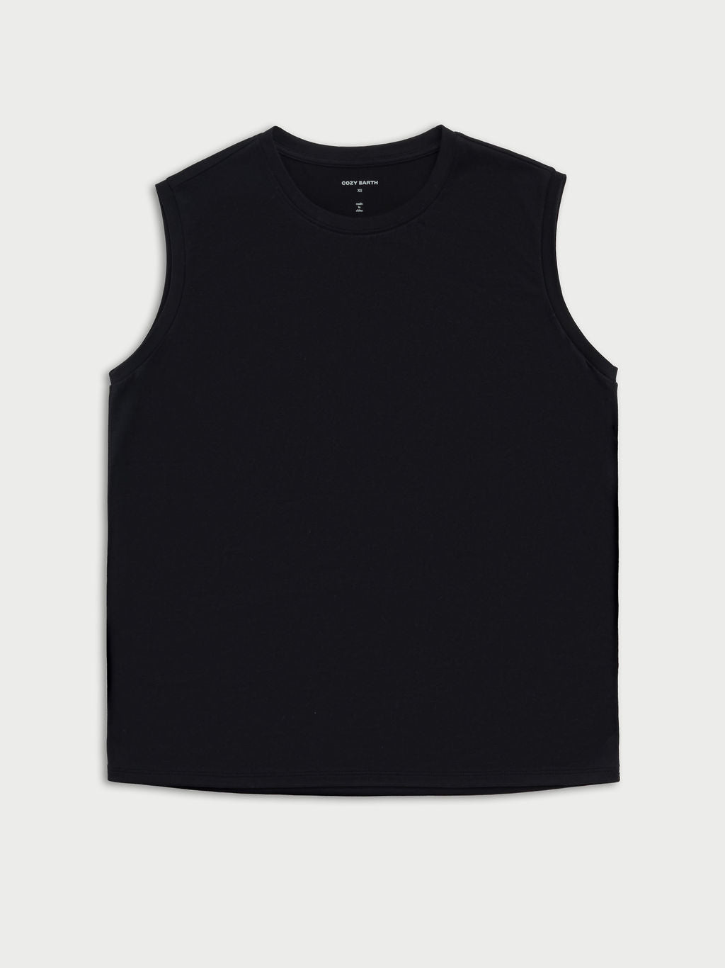 Cozy Earth Women's All Day Sleeveless Tee in Jet Black lies flat on a white background. 