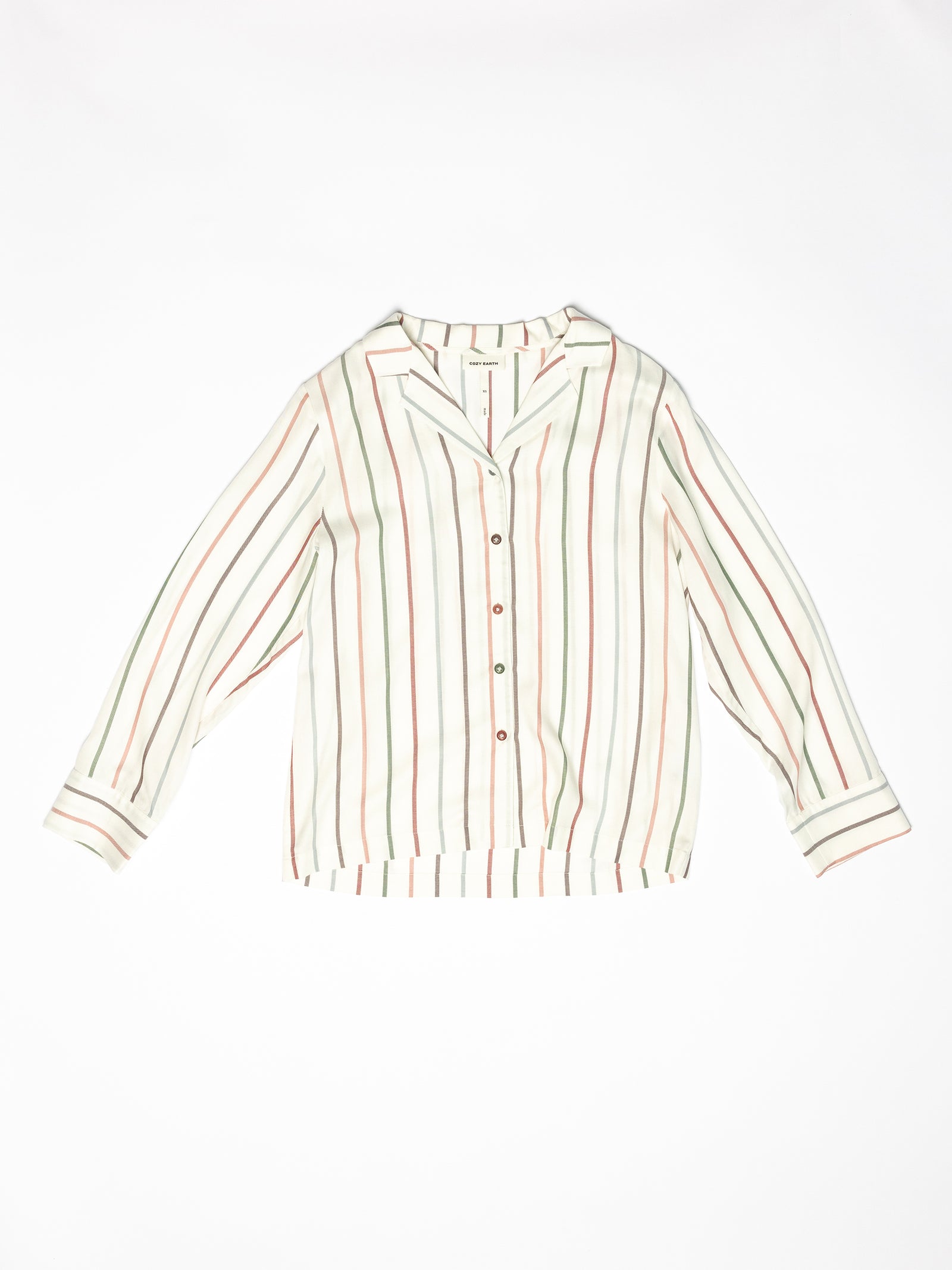 Introducing the Women's Soft Woven Long Sleeve Pajama Top by Cozy Earth, a lightweight and comfortable button-up shirt. This pajama top features long sleeves and a collared neckline with red, green, and black vertical stripes against a white base. The dark-colored buttons add an elegant touch to this stylish piece, beautifully showcased on a plain white background. 