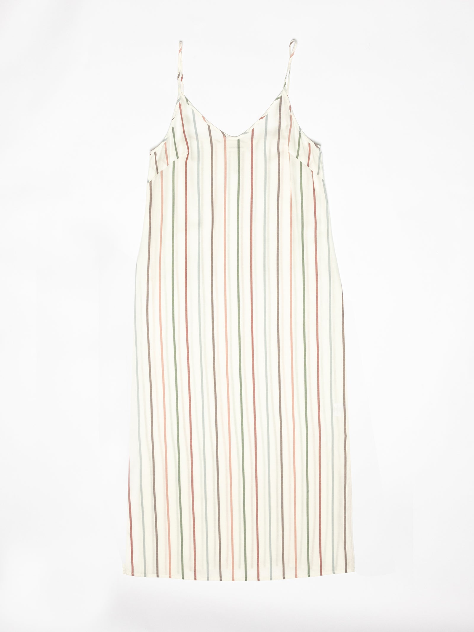 The Women's Soft Woven Nightgown by Cozy Earth is a sleeveless slip dress with thin straps, showcasing vertical stripes in multiple colors like green and brown on a white background. It features a V-neckline and exudes a simple, elegant design. 