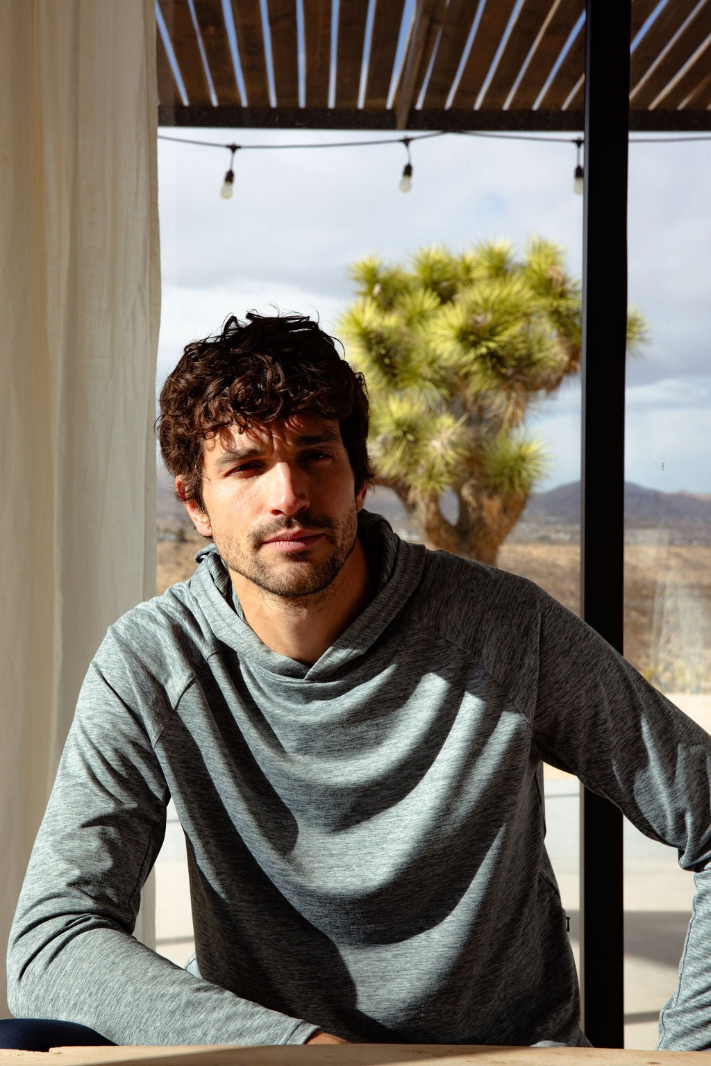 A man with curly hair wearing a Cozy Earth Men's Lightweight Performance Hoodie sits indoors by a window. Behind him, a desert landscape with a Joshua tree and mountains is visible, with soft light casting gentle shadows across his face and the room. 