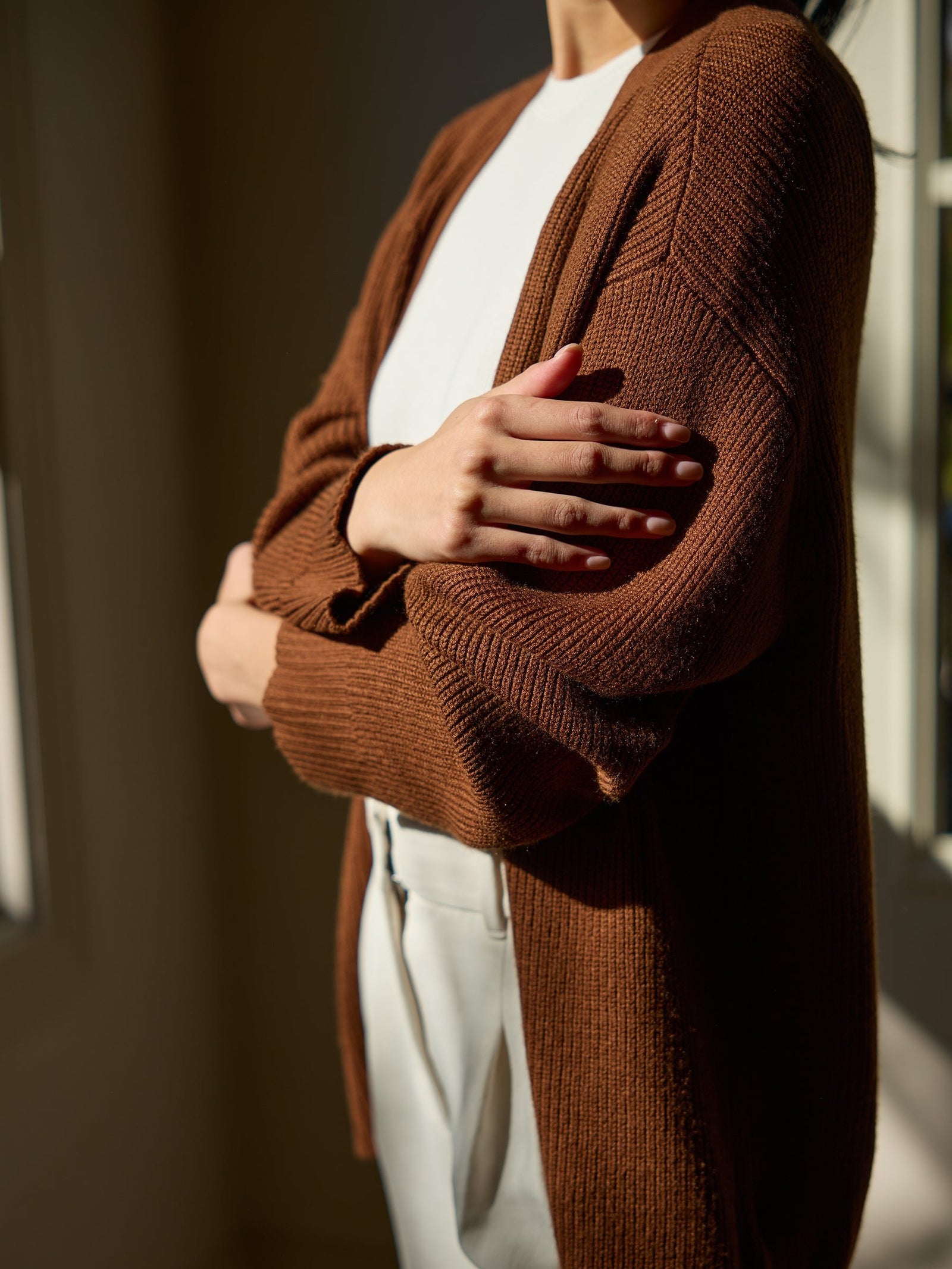 Woman wearing Oversized Classic Cardigan in Spice 