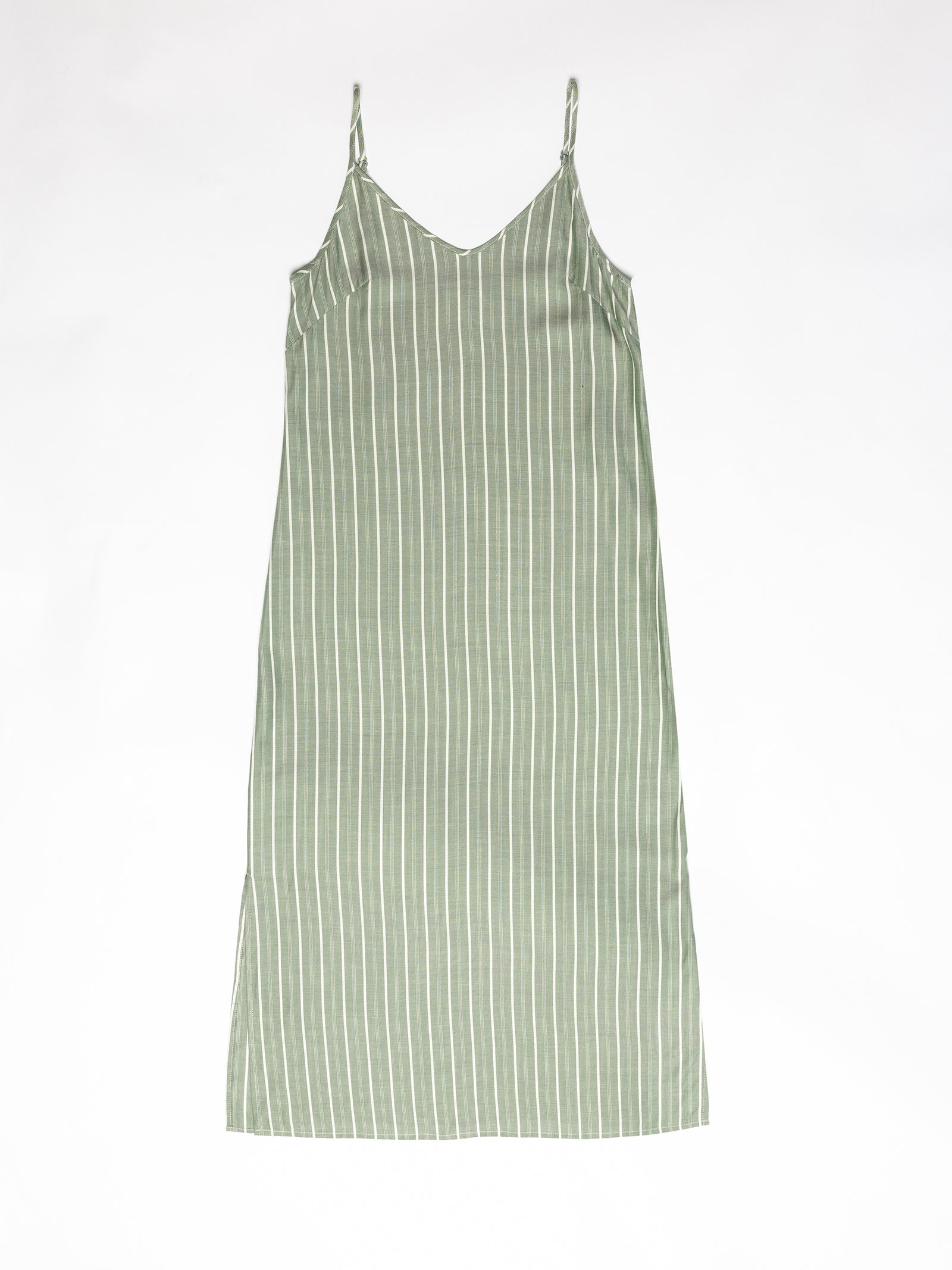 A Cozy Earth Women's Soft Woven Nightgown in green, featuring spaghetti straps, a v-neckline, and adorned with thin white vertical stripes, is laid flat on a white surface. 