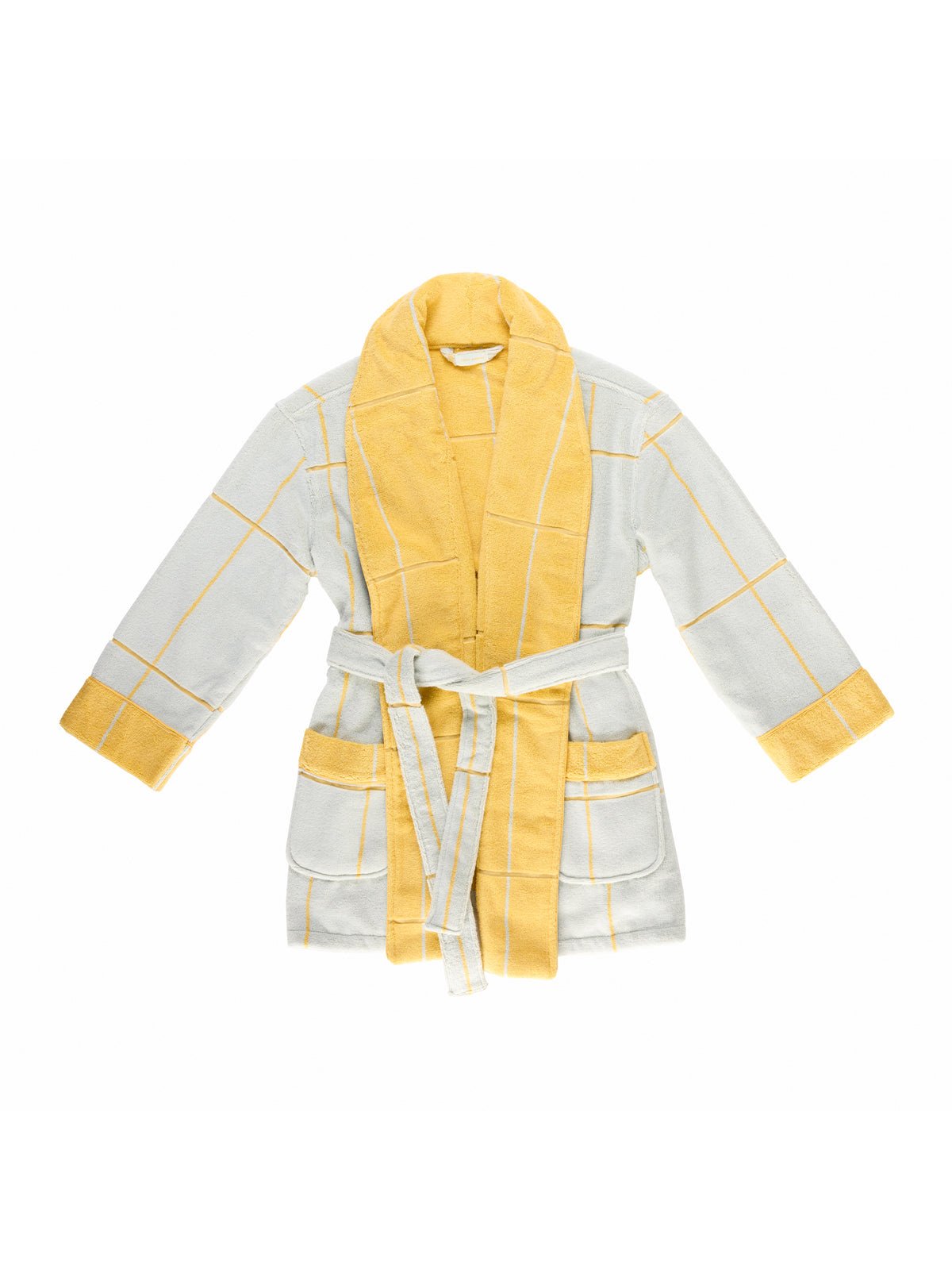 The Windowpane Resort Robe by Cozy Earth is a soft bathrobe with a light gray and yellow grid pattern. It features yellow accents on the collar, cuffs, and belt, has two large front pockets, and includes a matching waist tie. 