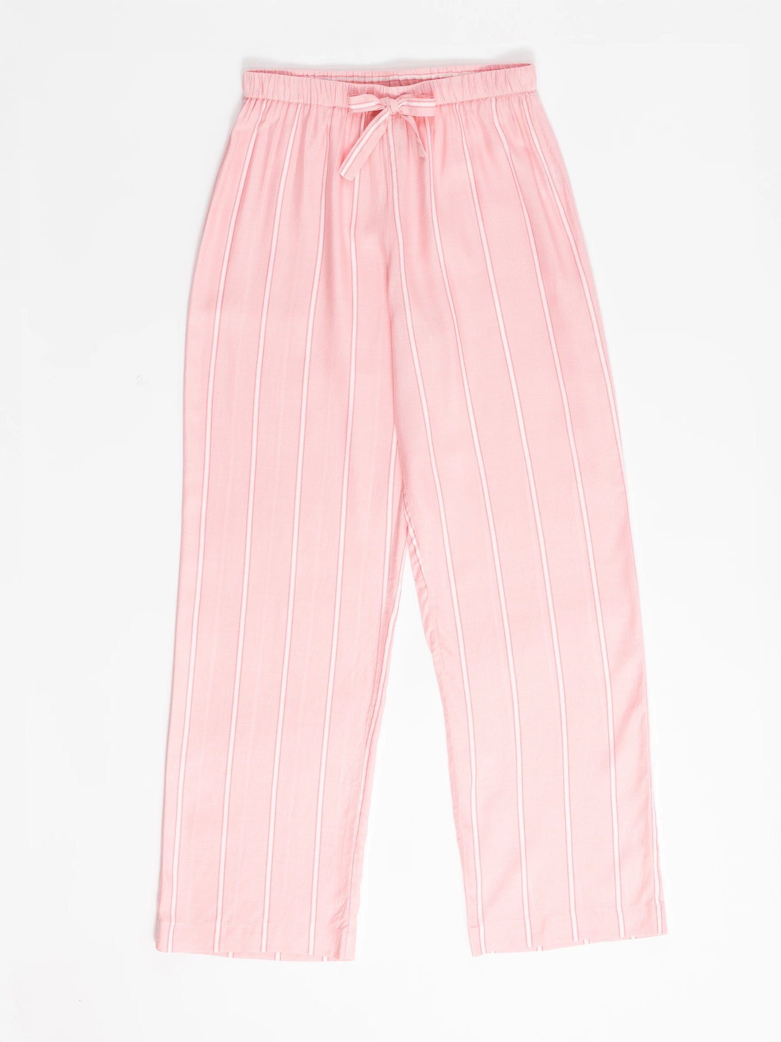 The Women's Soft Woven Pajama Pant by Cozy Earth is pink with white vertical stripes, featuring an elastic waistband and front tie, displayed on a white background. 