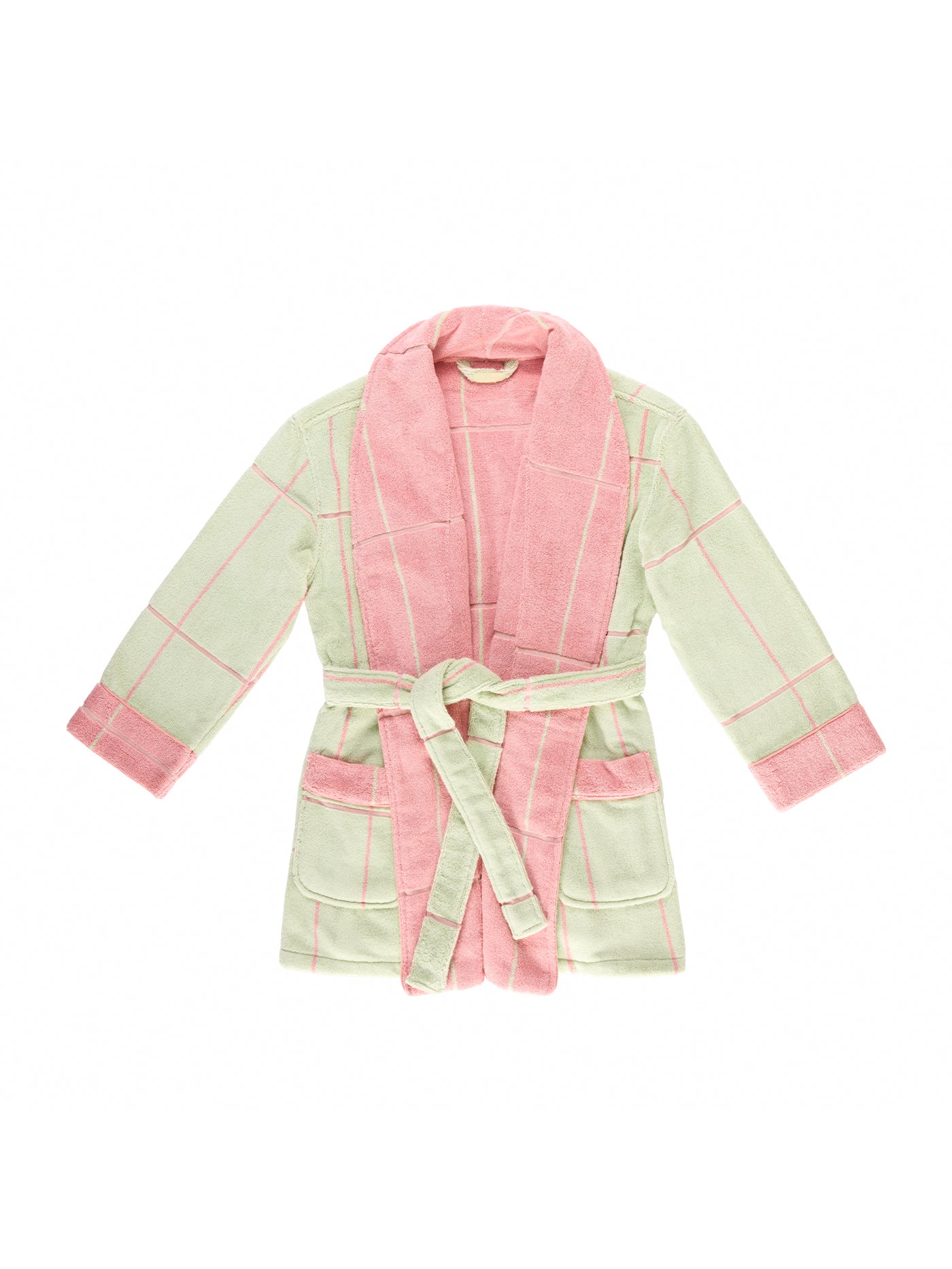 The Windowpane Resort Robe by Cozy Earth is a pastel green and pink checkered bathrobe with long sleeves, a waist tie, large front pockets, and contrasting pink lapel and cuffs. It is laid flat against a white background. 