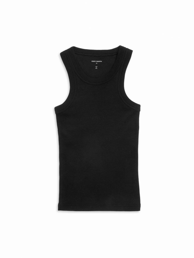 Cozy Earth Women's Fine Ribbed Tank in Jet Black lies flat on a white background.