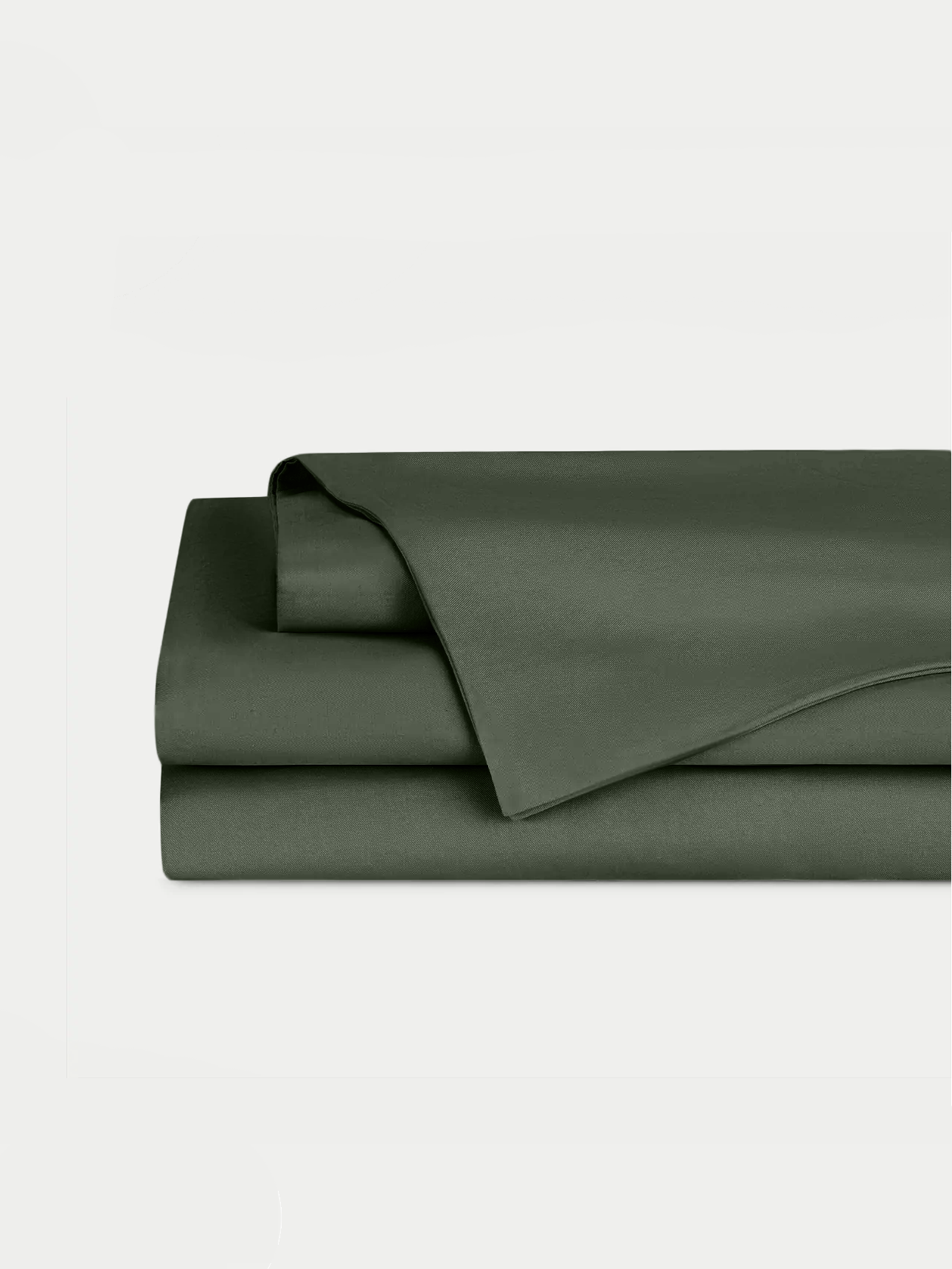 Olive Bamboo Linen Sheet Set neatly folded over a white background. |Color: Olive