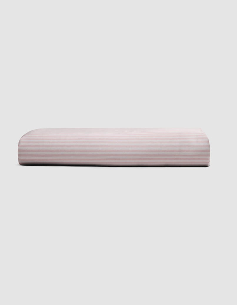 Folded light purple Cozy Earth Bamboo fitted Sheet with light horizontal stripes.