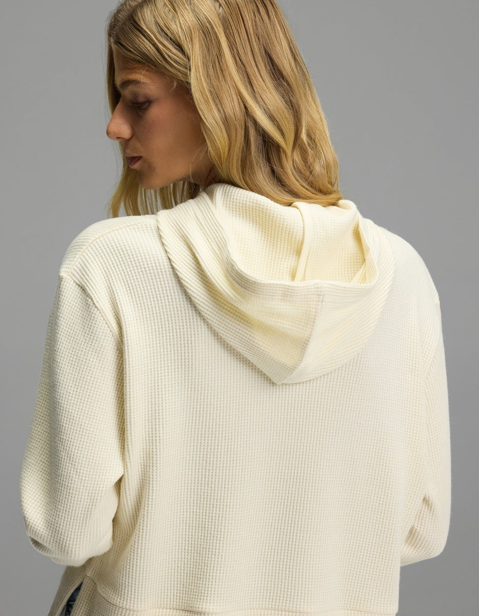 Back view of the cream-colored Women’s Blake Waffle Hoodie.