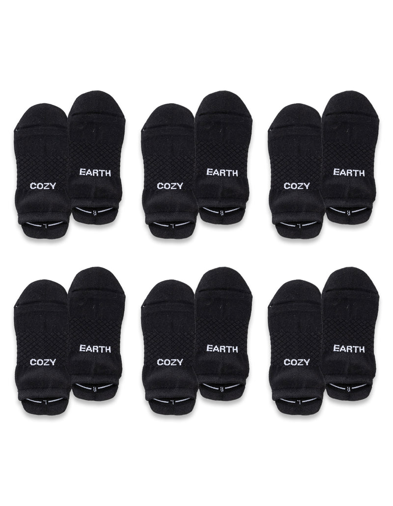 Six pairs of black Essential Ankle Socks by Cozy Earth are arranged in two rows, each pair featuring the brand's name in white text near the toes.