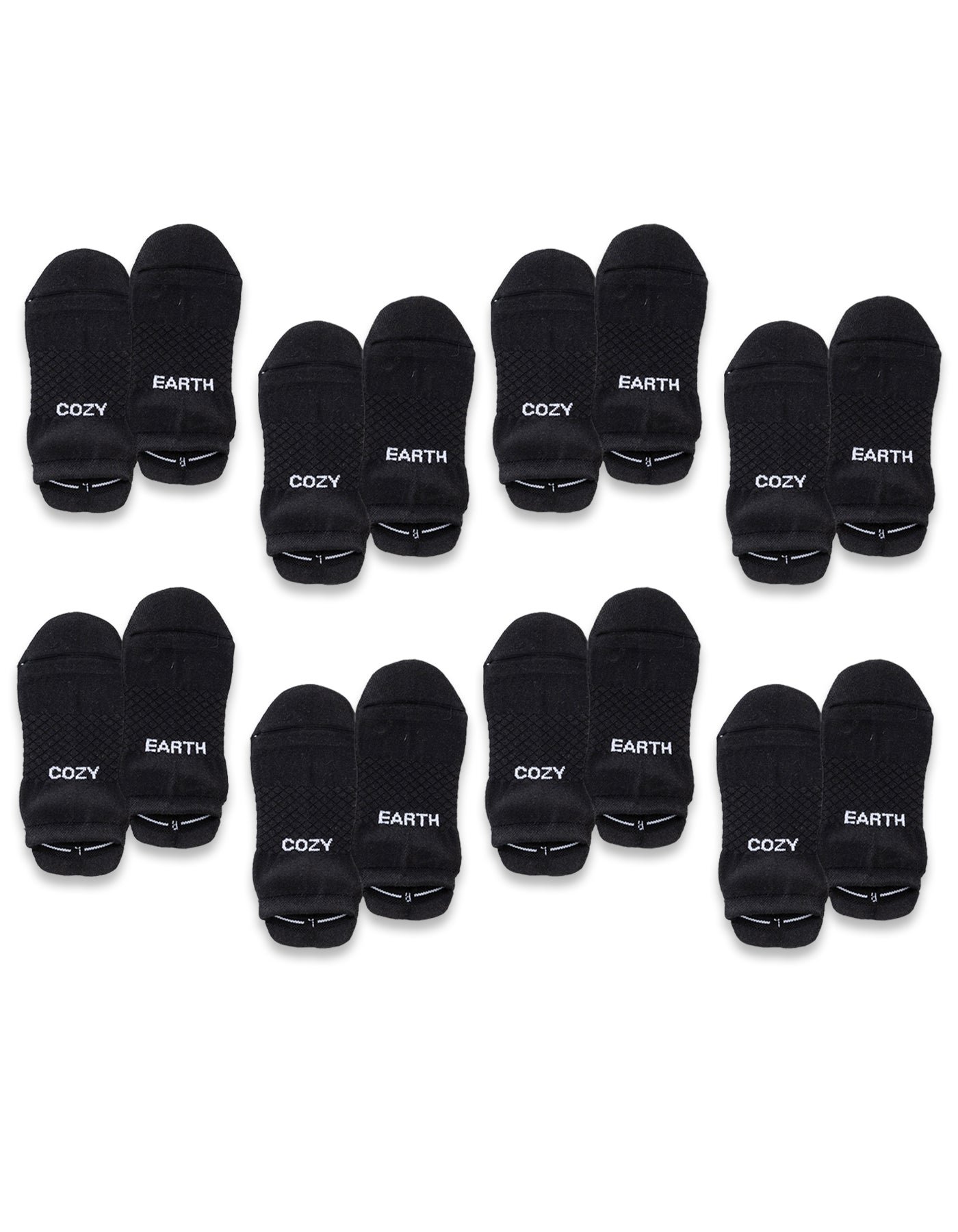 The Cozy Earth Essential Ankle Sock 8-Pack features black ankle socks with a simple, solid design. Each pair displays either "COZY" or "EARTH" in white on the toes. Socks are neatly arranged in rows. |Color:Black
