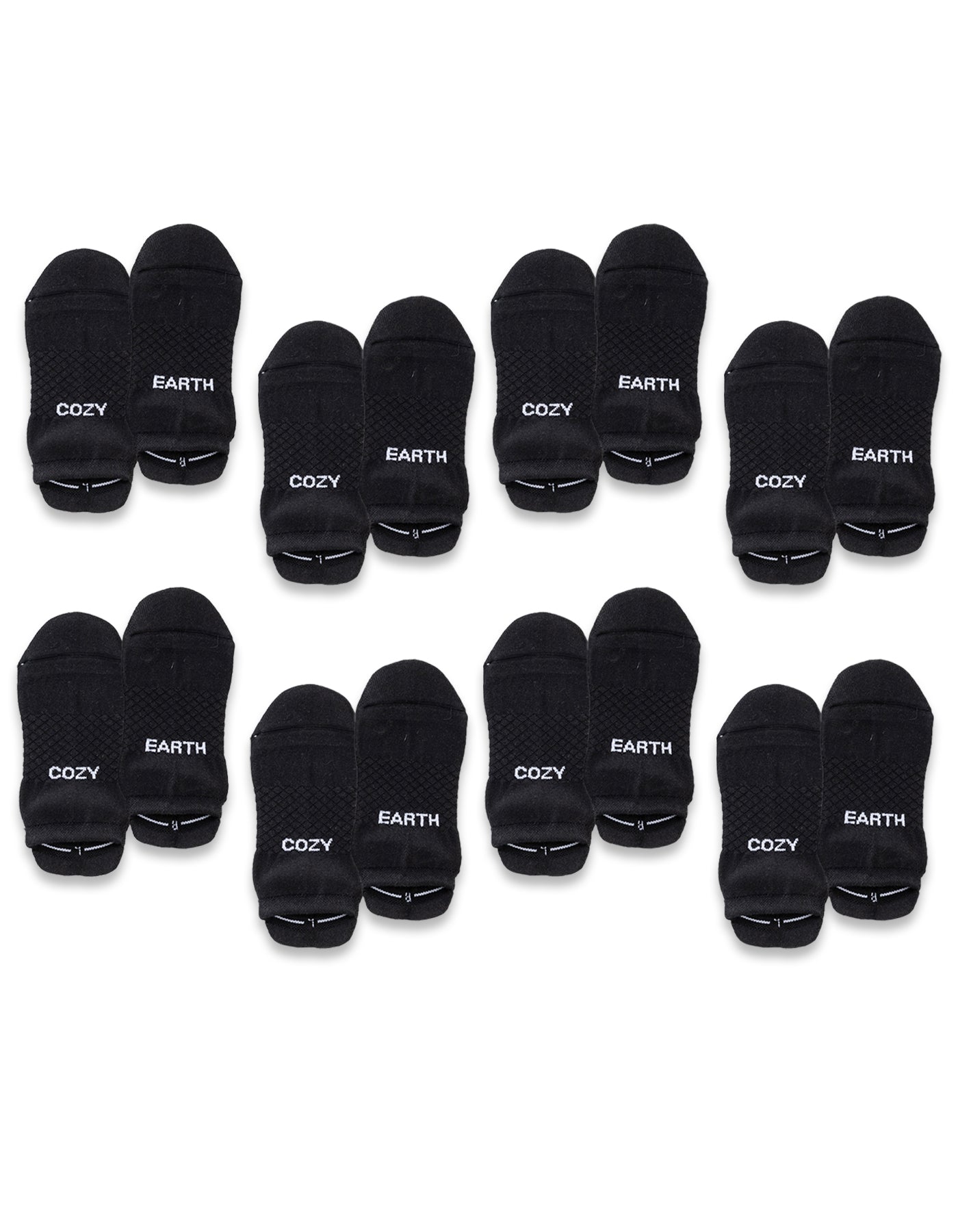 The Cozy Earth Essential Ankle Sock 8-Pack features black ankle socks with a simple, solid design. Each pair displays either "COZY" or "EARTH" in white on the toes. Socks are neatly arranged in rows. 
