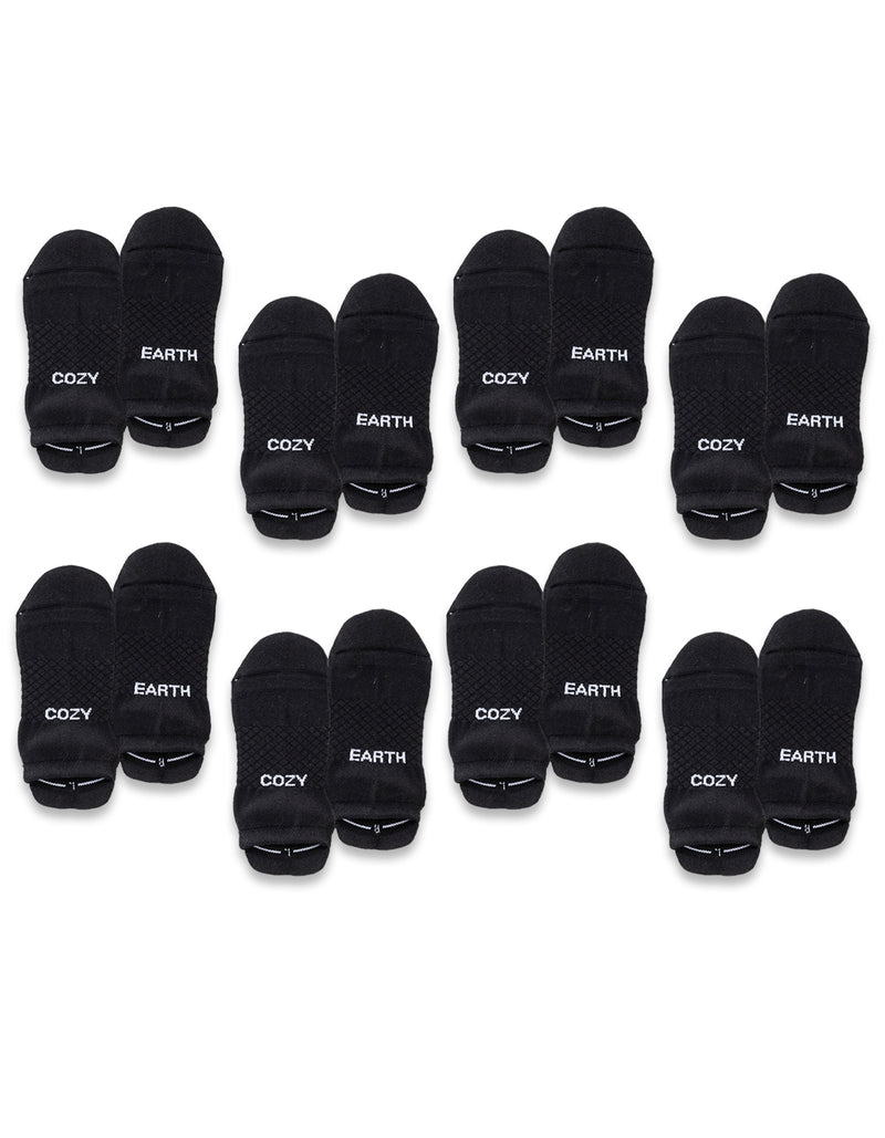 The Cozy Earth Essential Ankle Sock 8-Pack features black ankle socks with a simple, solid design. Each pair displays either "COZY" or "EARTH" in white on the toes. Socks are neatly arranged in rows.